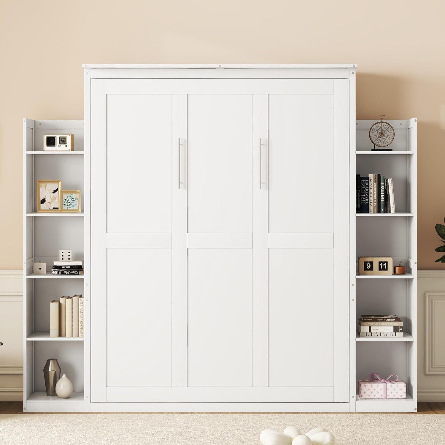 White Queen Size Murphy Bed with Shelves and LED Lights