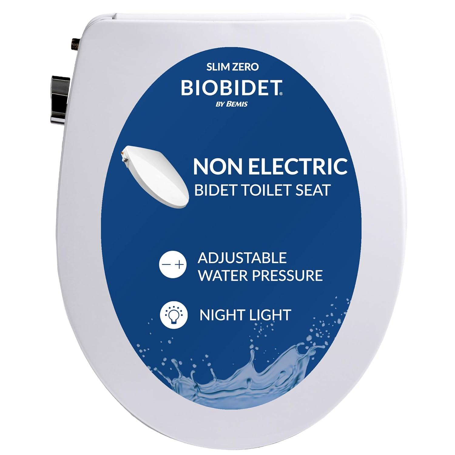 Bio Bidet by BEMIS Slim Zero Round Bidet Toilet Seat, Non-Electric, Dual Nozzles, Slow Close Lid and Night Light SLIMZEROR 000