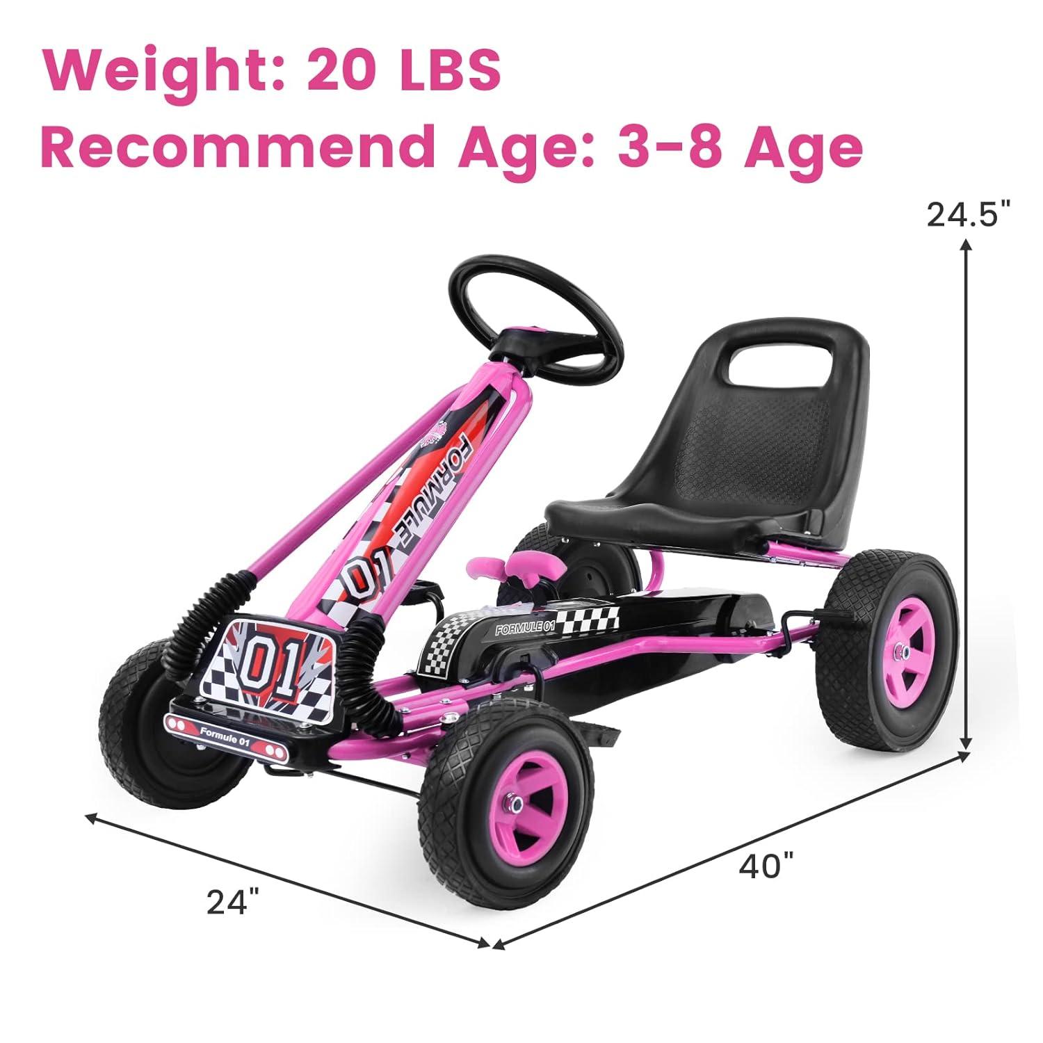 Costway Go Kart 4 Wheel Pedal Powered Kids Ride On Toy with Adjustable Seat Pink