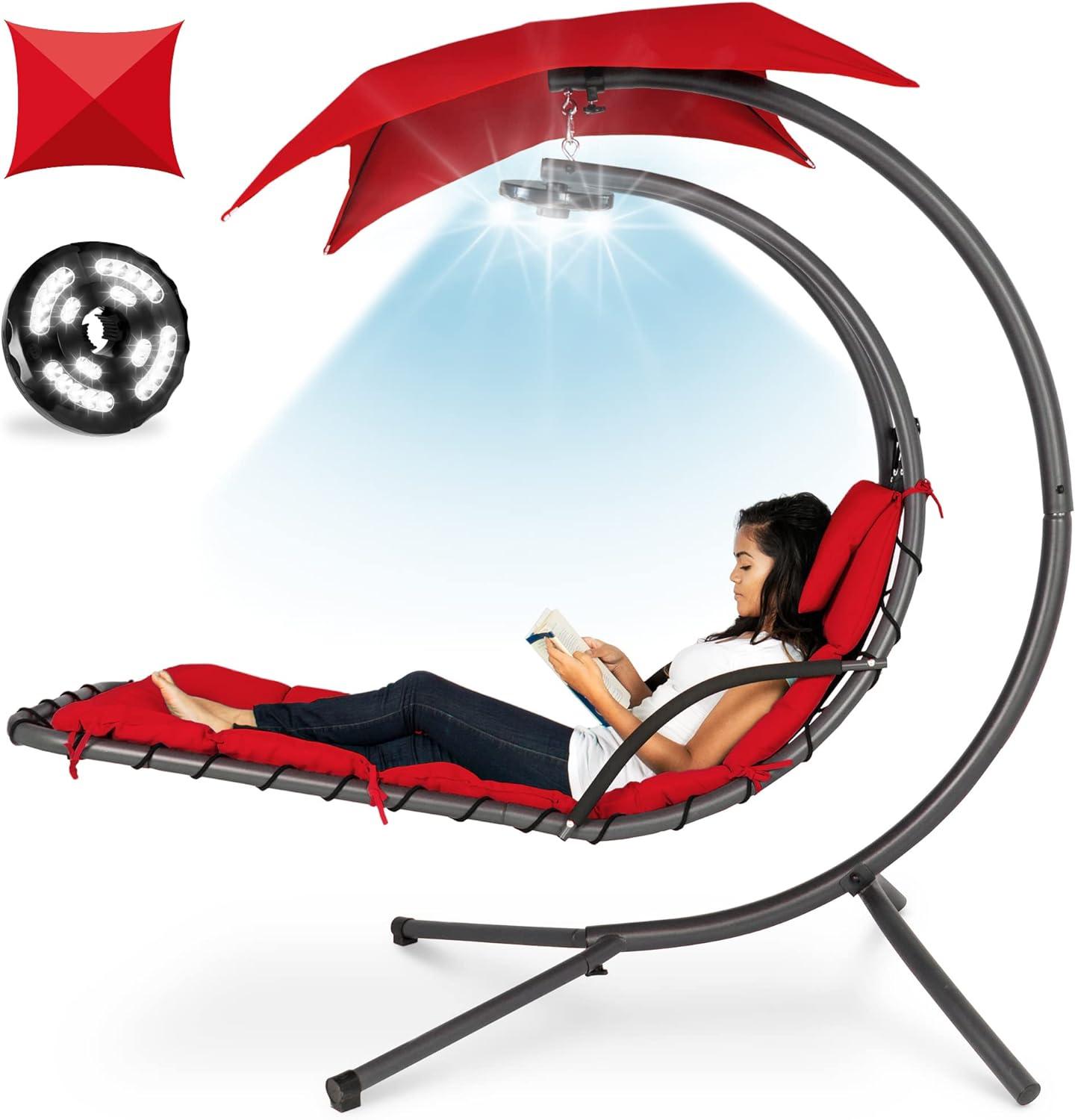 Best Choice Products Hanging LED-Lit Curved Chaise Lounge Chair for Backyard, Patio w/ Pillow, Canopy, Stand - Red