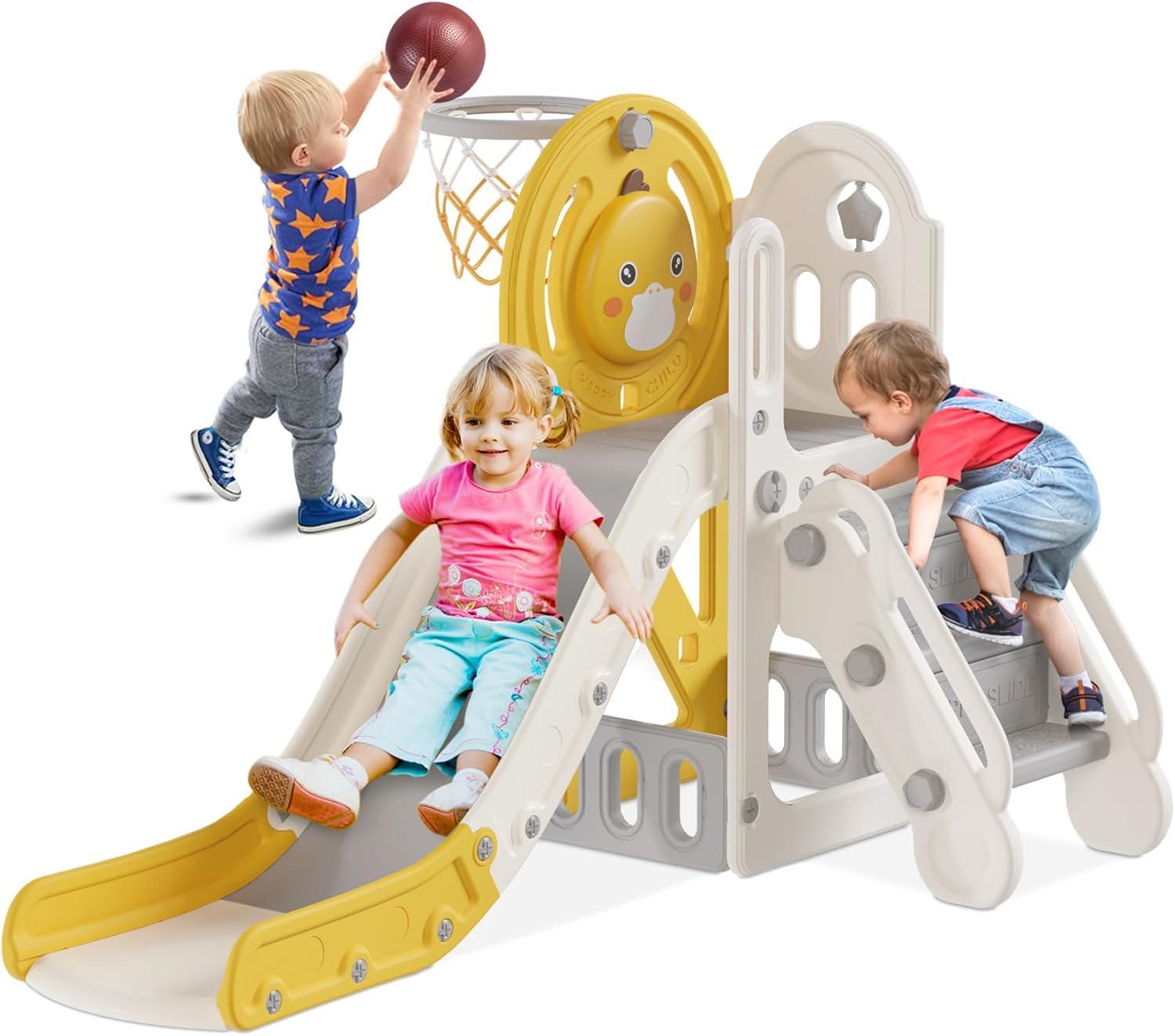 Suteck 5 in 1 Toddler slide, Kids Slide with Climber Outdoor Indoor Slide Cute Duck Theme Playset