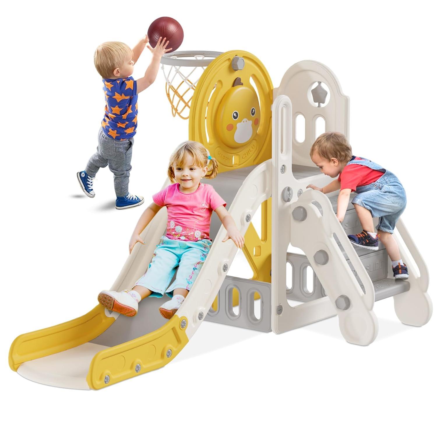 Suteck 5 in 1 Toddler slide, Kids Slide with Climber Outdoor Indoor Slide Cute Duck Theme Playset
