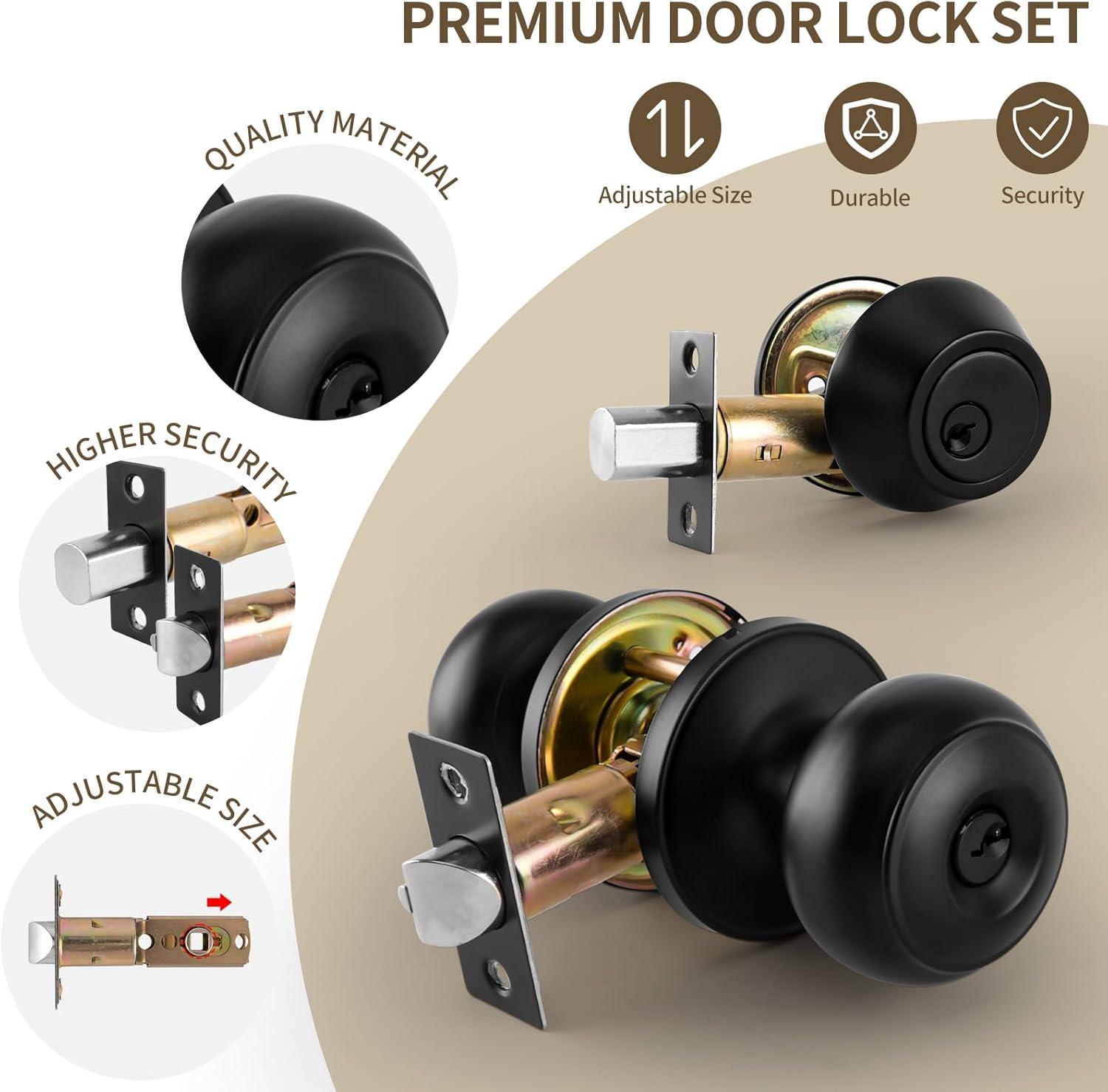 3 Pack Keyed Alike Entry Door Knobs and Single Cylinder Deadbolt Lock Combo Set Security for Entrance and Front Door with Classic Matte Black Finish