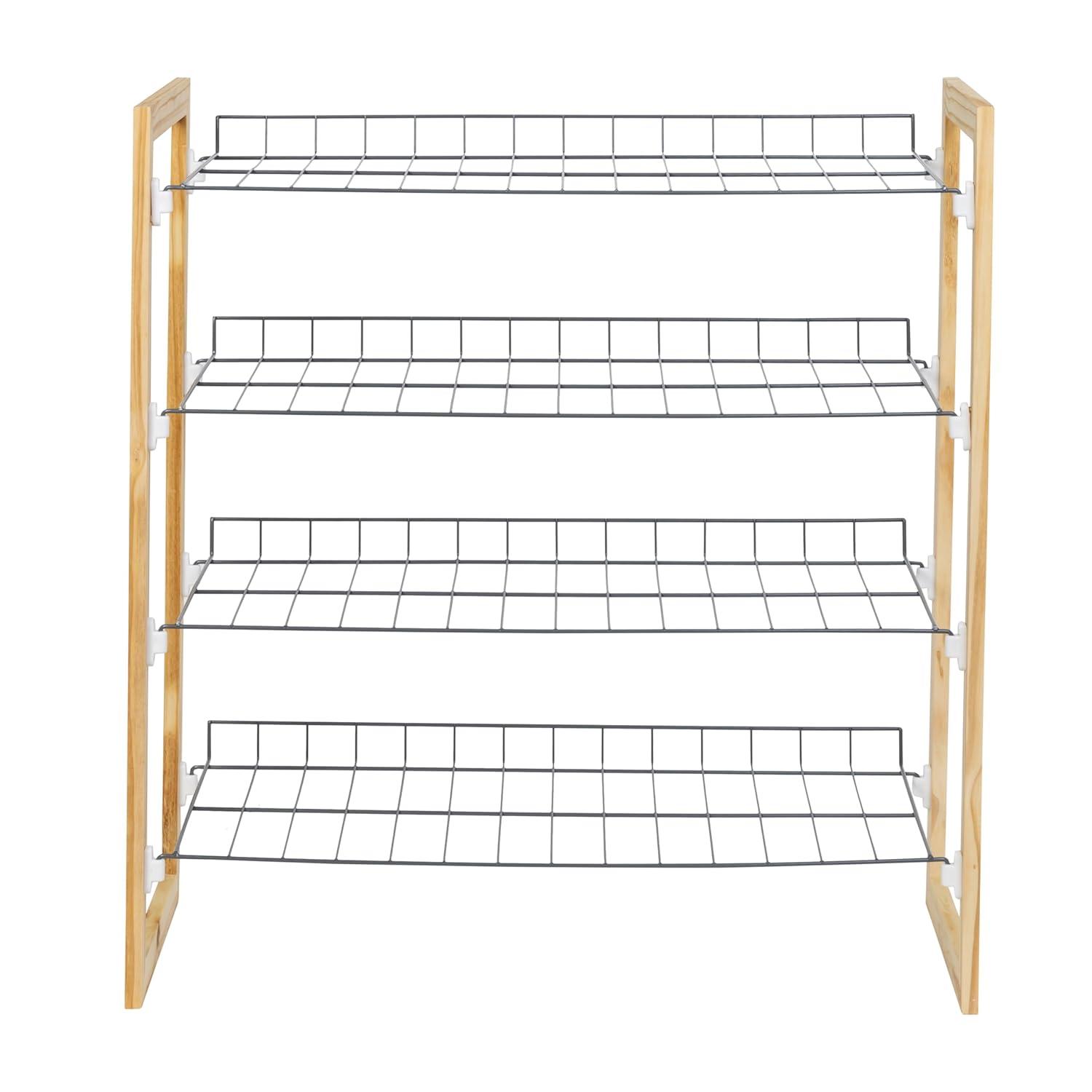Honey-Can-Do Steel and Wood 4-Tier 18-Pair Shoe Storage Rack, Chrome/Natural