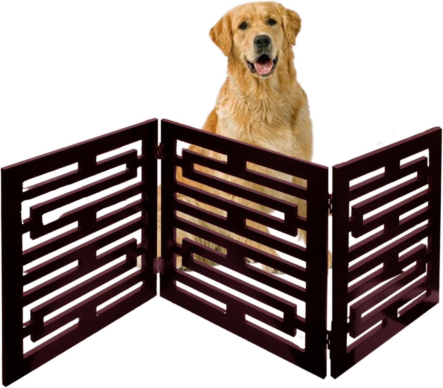 Etna 3-Panel Wooden Pet Gate, Avant Garde Design, Mahogany - Tri Fold Dog Gates for Doorways, Stairs, Puppy Safety - Free Standing Pet Barrier for Indoor/Outdoor Use - 47.5" Wide x 19" Tall