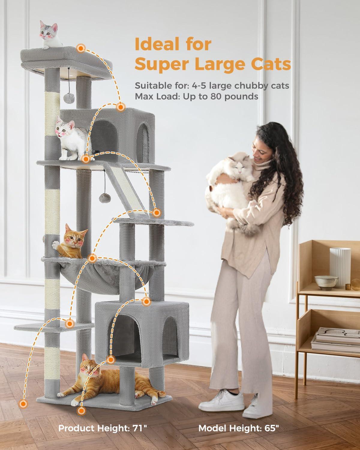 71" Indoor Tall Large Cat Tree Multi-Level Cat House With 2 Big Condo Pad Bed, Cozy Hammock And Scratching Posts