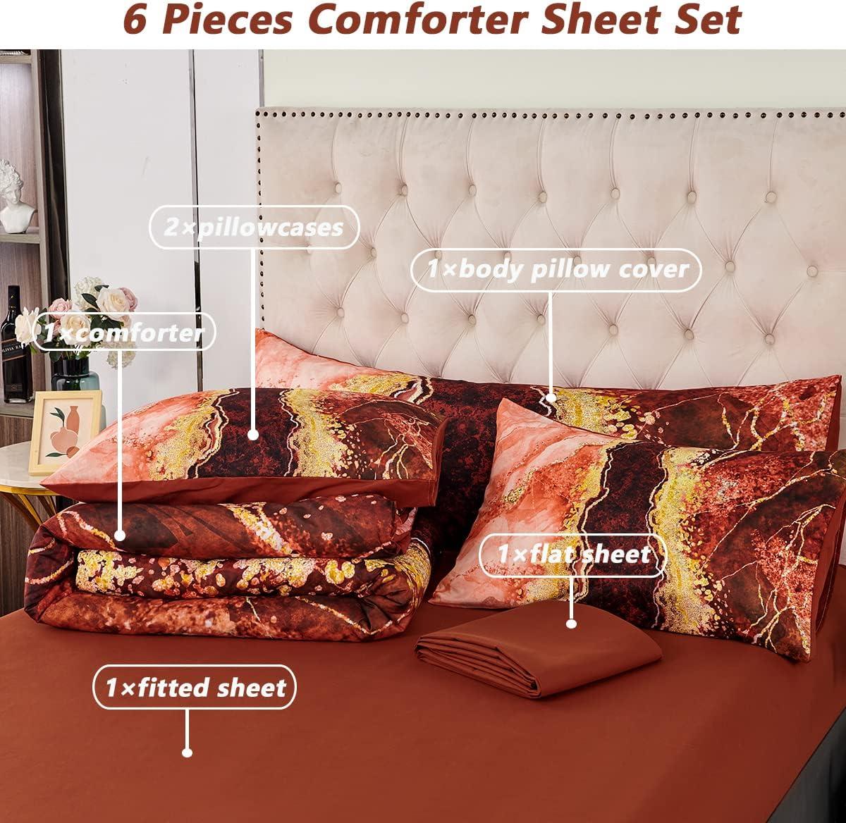DANTUL 6 Pcs Orange Marble Printed Comforter With Sheet Sets Aesthetic Artwork Design Watercolor Bed In A Bag For All Season(Orange, King)