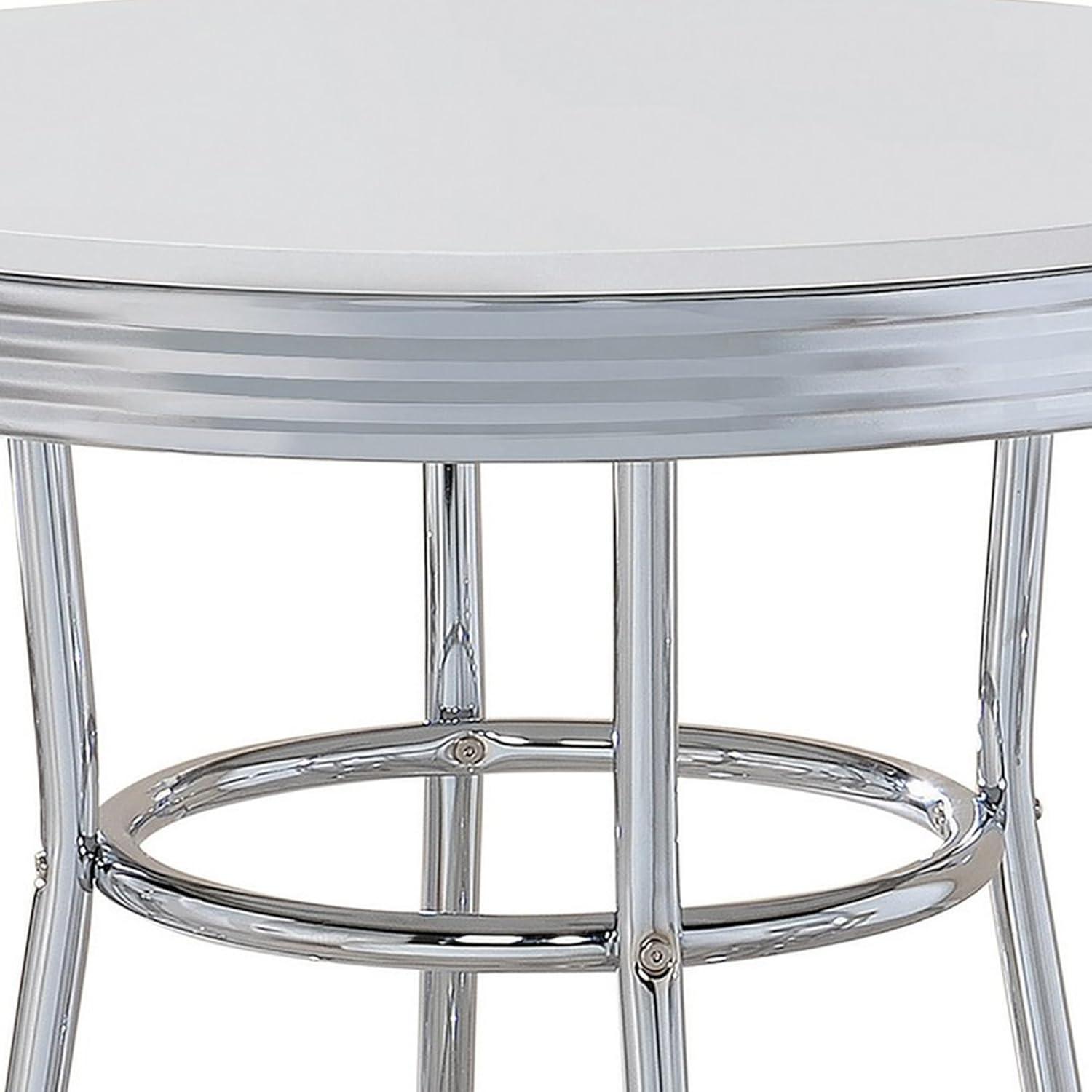 Glossy White and Chrome Round Bar Height Table with Ribbed Apron