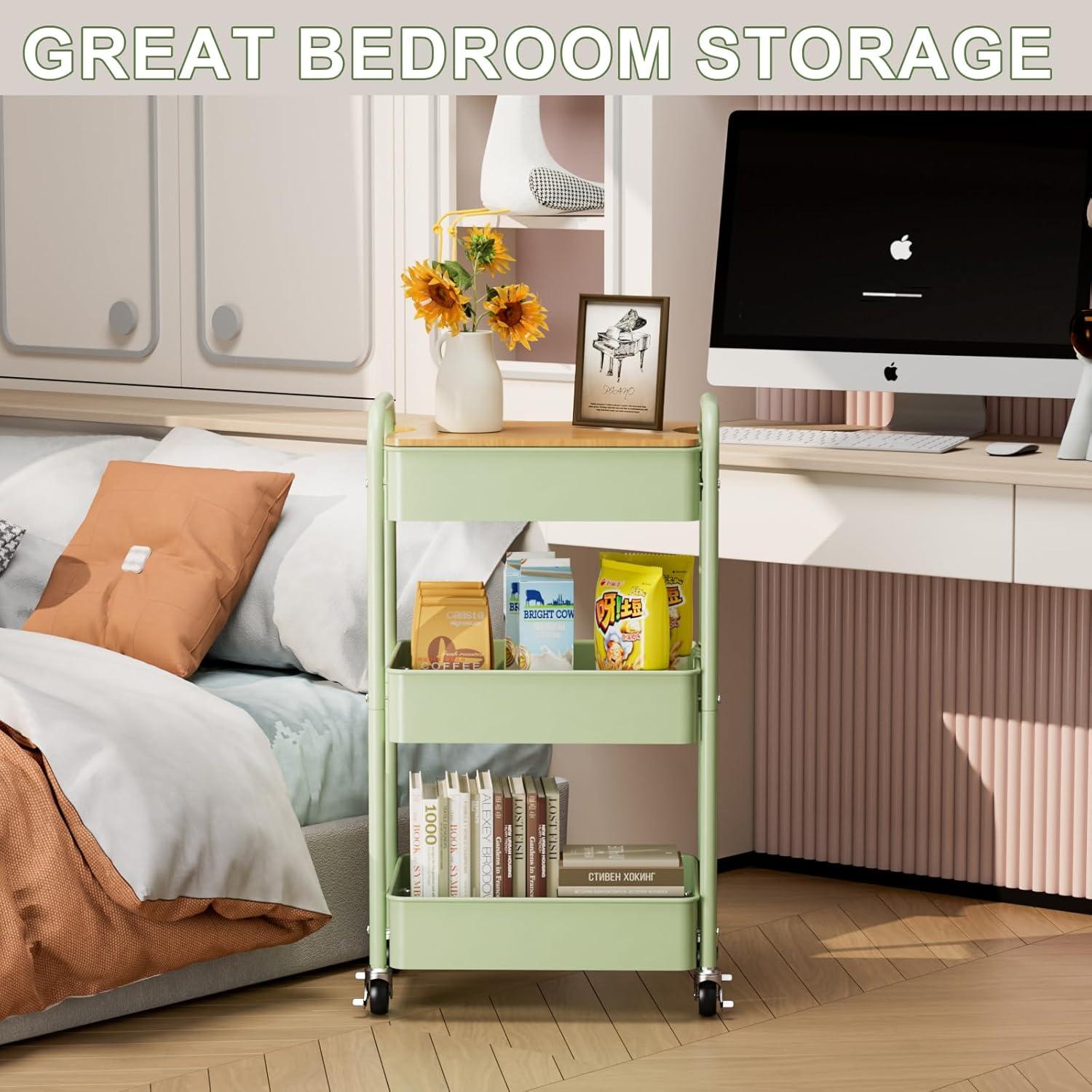 LEHOM 3 Tier Rolling Utility Cart, Metal Trolley Cart with Wheels, Hooks, Easy Assembly Organizer Storage Cart for Bathroom, Kitchen, Office, Bedroom(White)