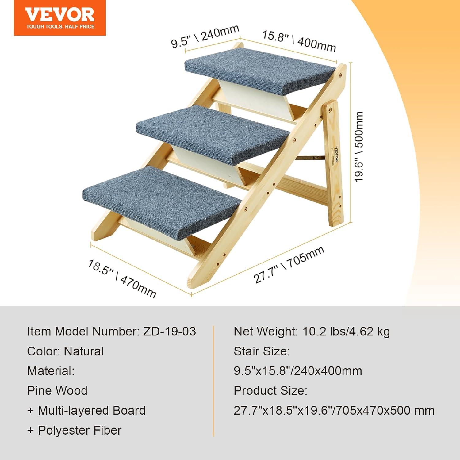 VEVOR Wood Pet Stairs/Pet Steps, 2-in-1 Foldable Wooden Dog Stair for Beds, Sofa and Cars, Dog Stairs  Ramp with 3 Steps for Small Medium Large Pet, up to 150 lbs