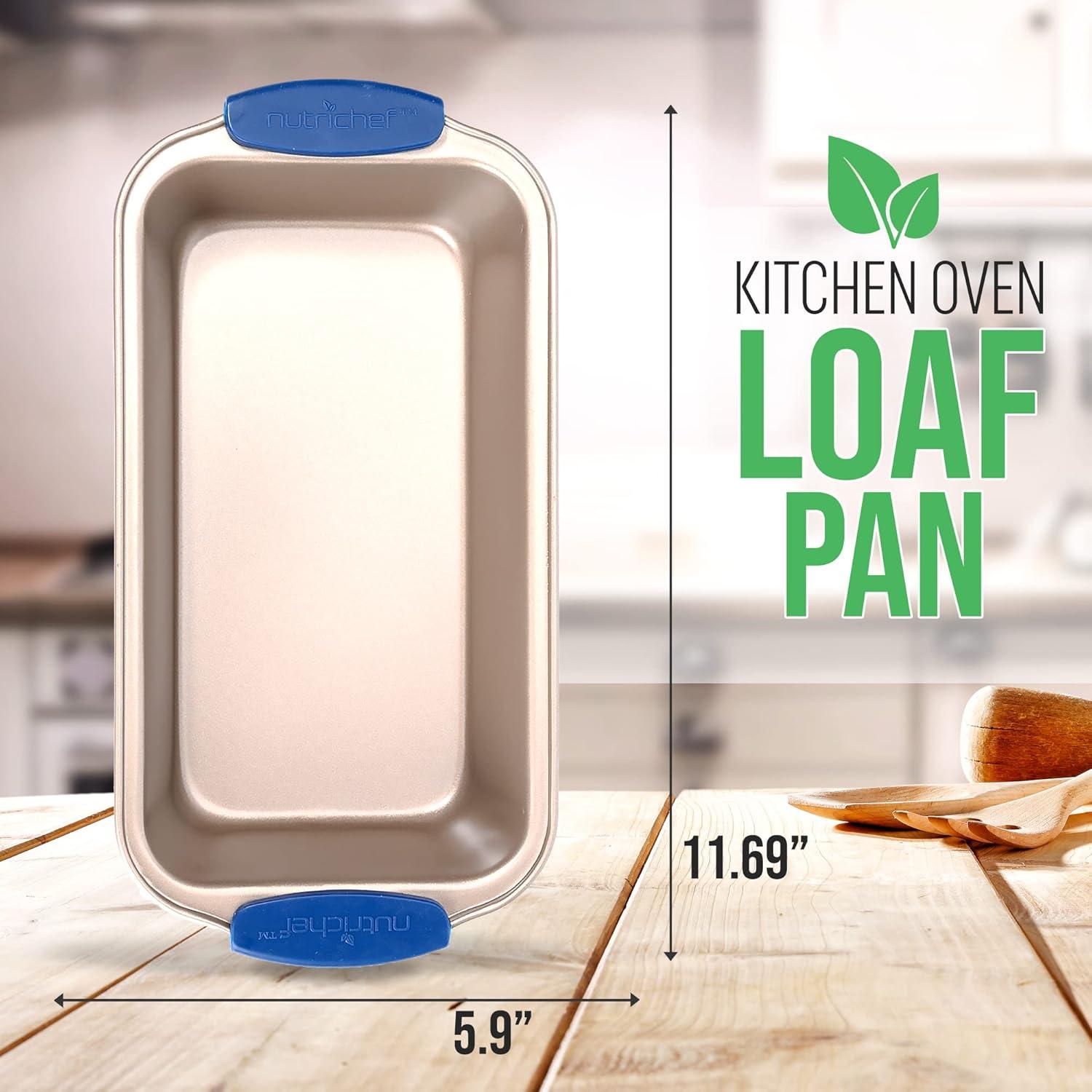 NutriChef Non-Stick Loaf Pan - Deluxe Nonstick Gold Coating Inside and Outside with Blue Silicone Handles