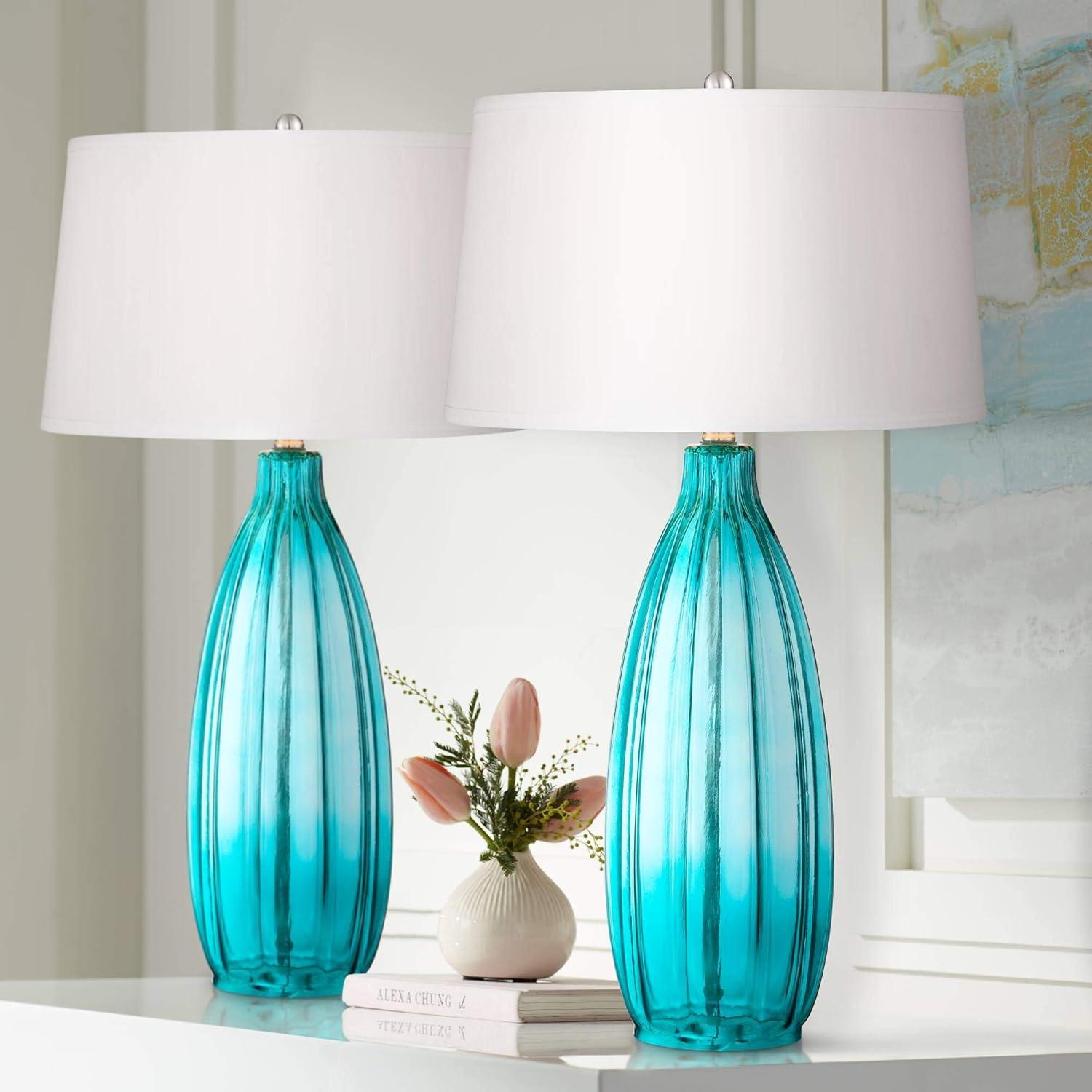 360 Lighting Coastal Table Lamps 30" Tall Set of 2 Fluted Blue Glass White Drum Shade for Living Room Family Bedroom Bedside Nightstand