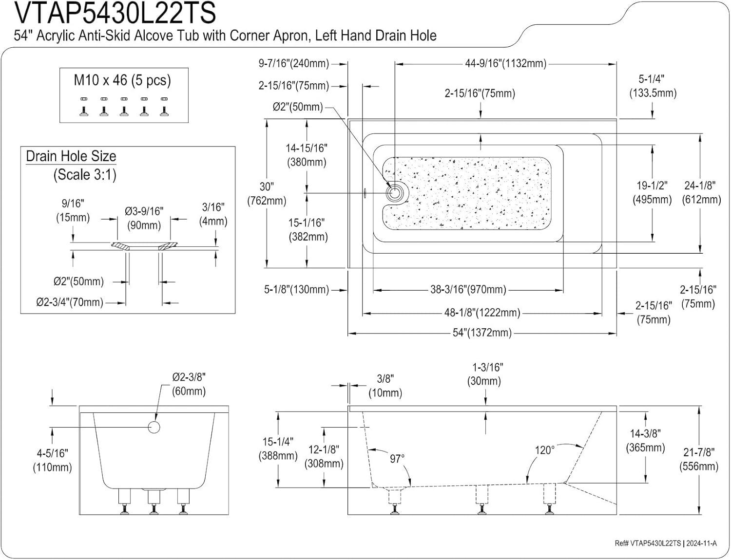 Kingston Brass Aqua Eden 54-Inch Acrylic Rectangular 2-Wall Corner Alcove Tub, Hand Drain