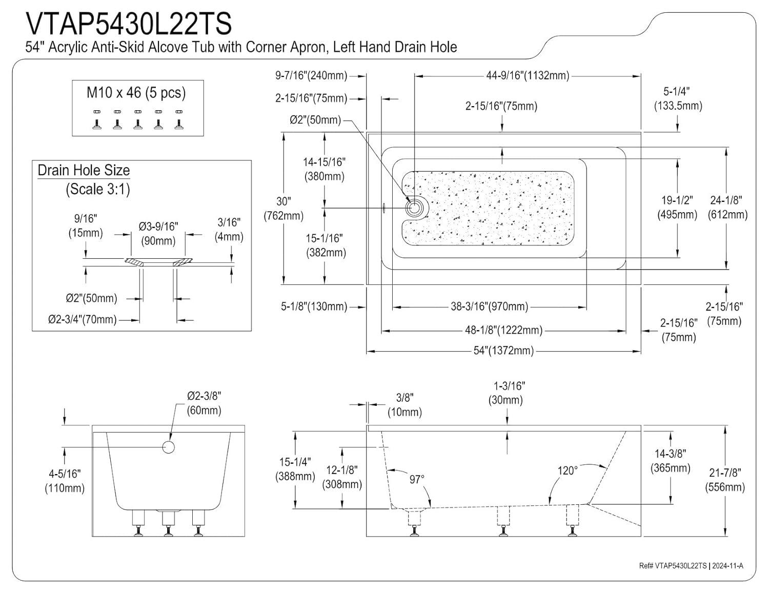 Kingston Brass Aqua Eden 54-Inch Acrylic Rectangular 2-Wall Corner Alcove Tub, Hand Drain