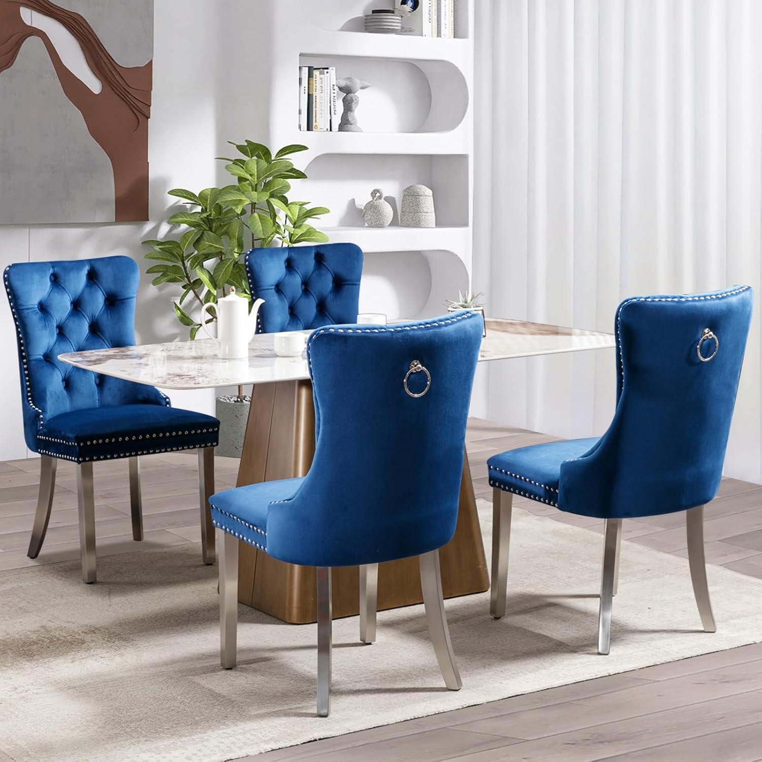 Blue Velvet Upholstered Dining Chairs with Silver Legs, Set of 4