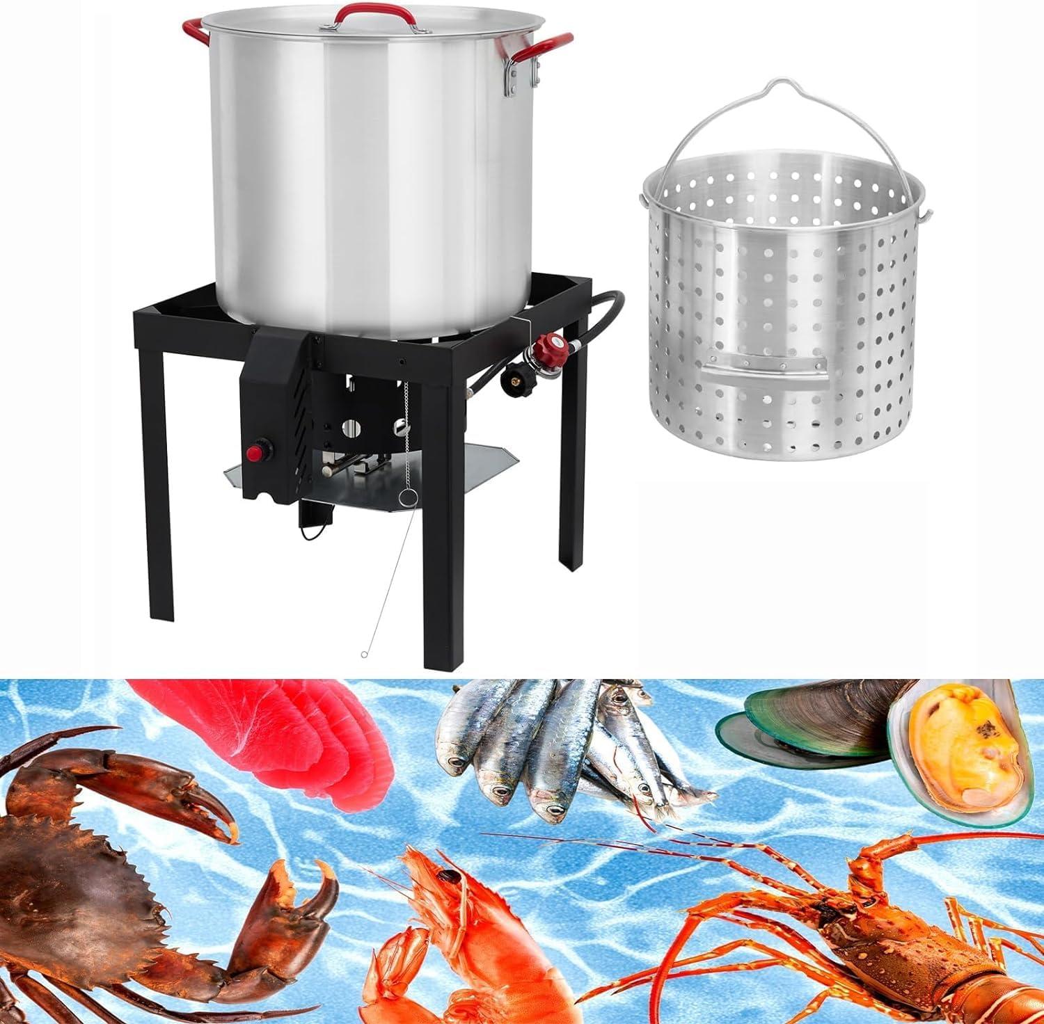 TROPOW 100 Qt Seafood Boil Pot,ACONEE Aluminum Crawfish Boiler w/Steam/Boil Basket & Strainer,110000 BTU Propane Stove Burner with Lifting Hook,10 PSI Regulator,Outdoor Cooking Shrimp Crab Boiler