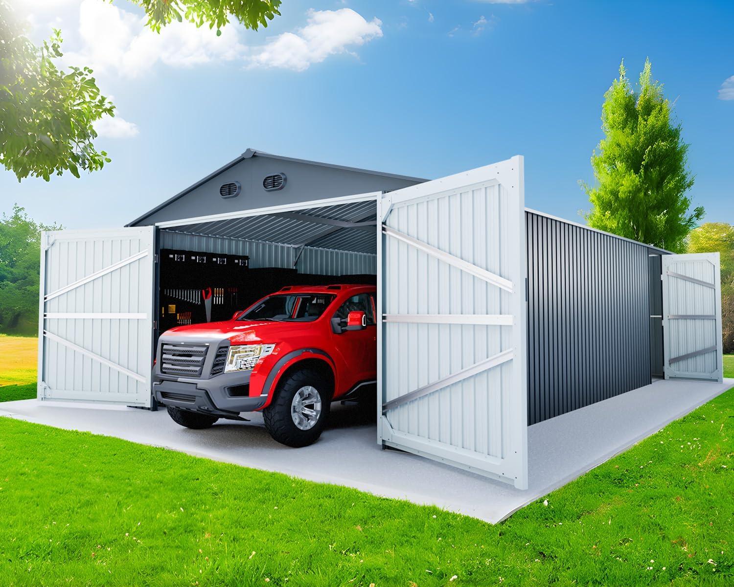 20 x 10 FT Outdoor Storage Shed, Large Metal Garden Shed with 2 Lockable Doors, Tool Shed Outdoor Storage with 4 Air Vents, Garage Shed Waterproof for Car, Truck, Bike, Garbage Can, Tool, Dark Gray