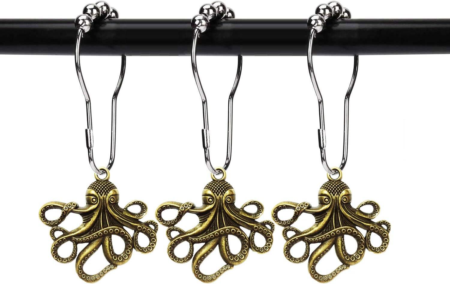 Set of 12 Octopus Shower Curtain Hooks Decorative Home Bathroom Squid Sea Creature Beast Stainless Steel Rustproof Brushed Nickel Rings with Octopus Decorative Accessories (Silver)