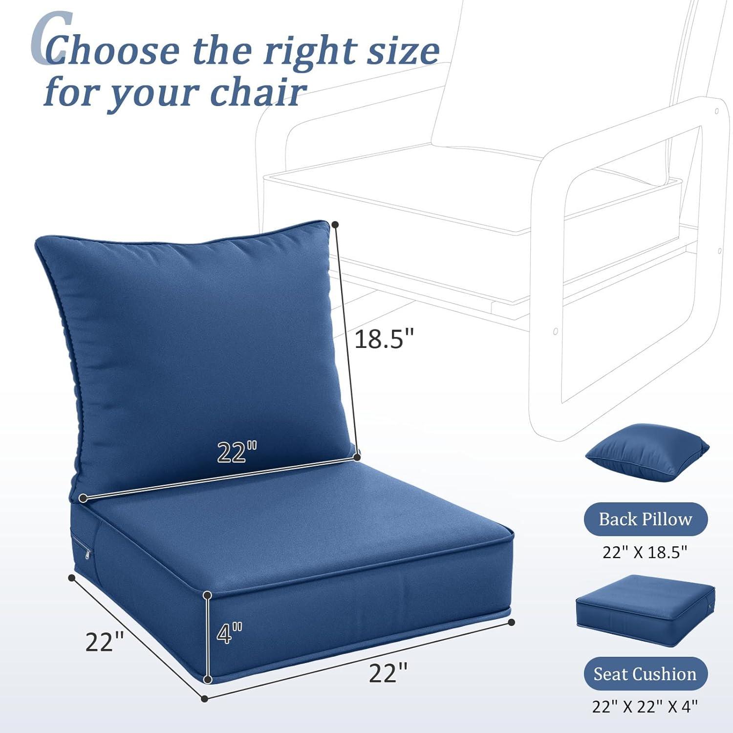 Outdoor Patio Chair Cushions Set 22 L X 22 W X 4 H Waterproof & Fade Resistant Deep Seat and Back Cushions with Removable Covers Outdoor Seat Cushion Set for Chairs and Sofas