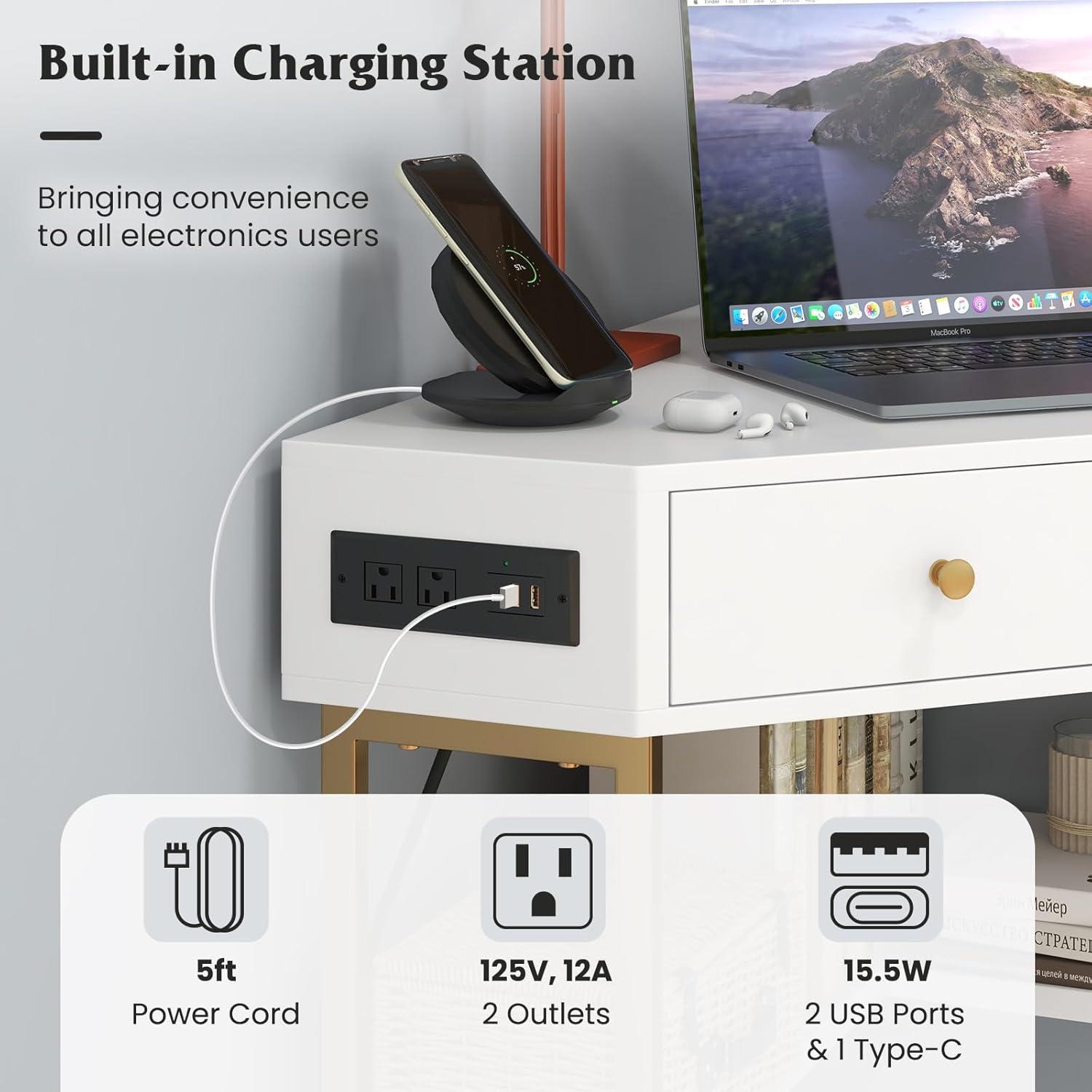 Costway Corner Desk with Built-in Charging Station Storage Drawers & Open Shelves Office White