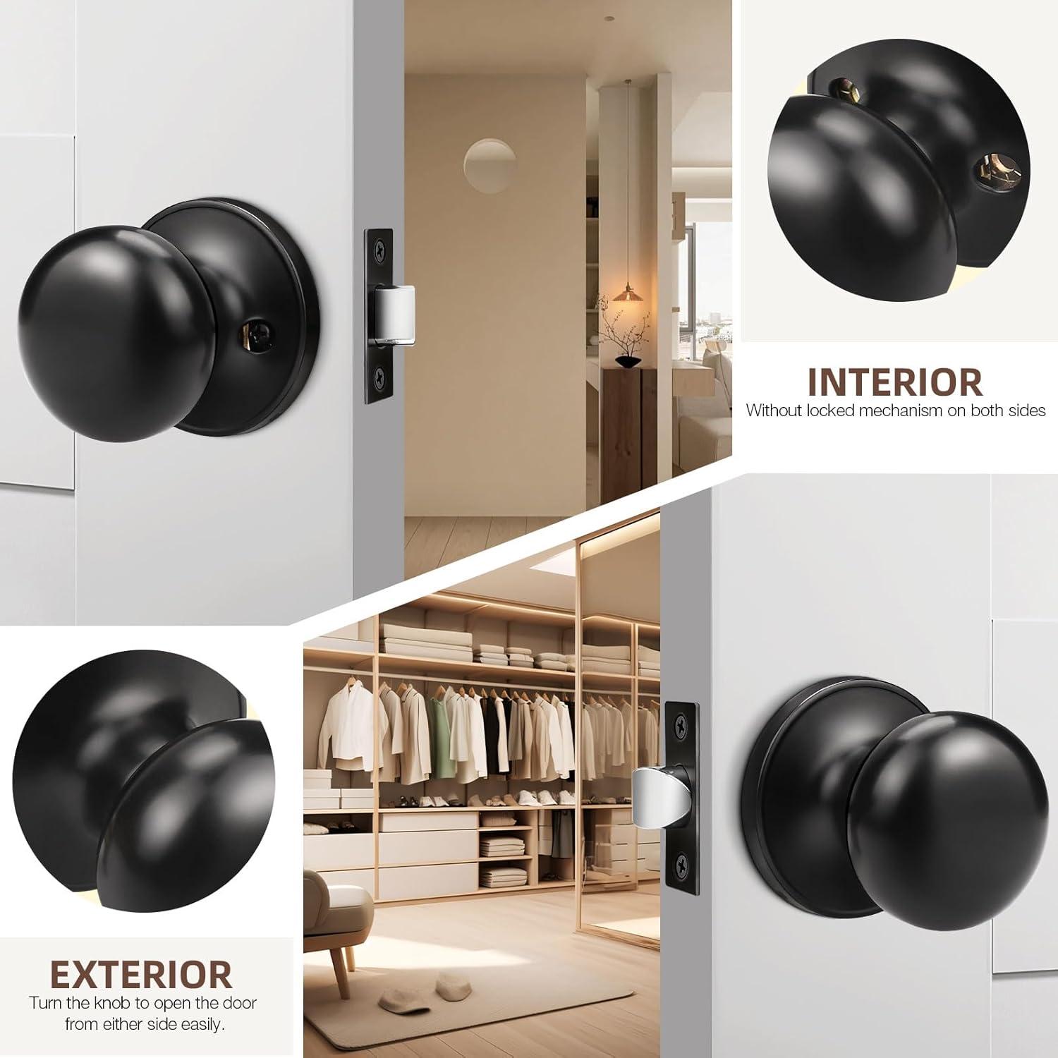 5 Pack Matte Black Passage Door Knob For Hallway Or Closet Door Knobs, Keyless Interior Door Knobs Non-Locking Indoor Door Knob, Passage Black Door Knob Door Handle Interior