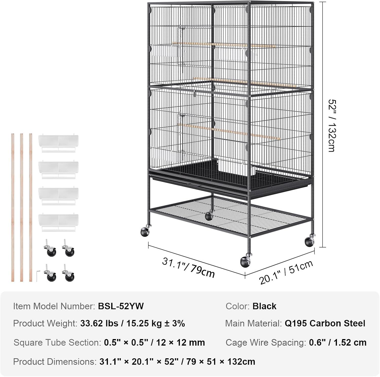 VEVOR Carbon Steel Flight Bird Cage for Parakeets, Cockatiels, Parrots 31*20*52inches