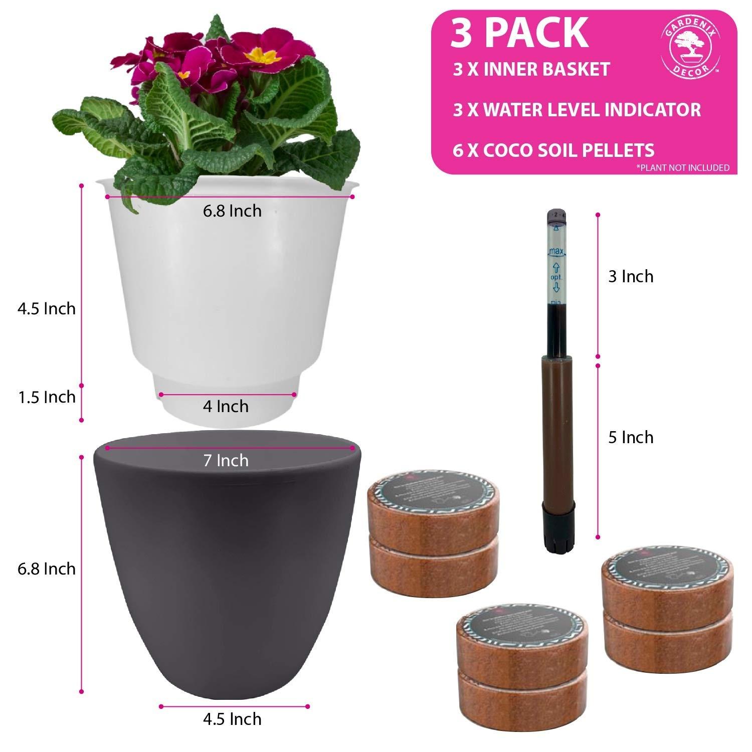 GARDENIX DECOR 7'' Self Watering planters for Indoor Plants - with Water Level Indicator for Flower Pot , Grow Tracking Tool - Coco Coir - Gray 3 Pack