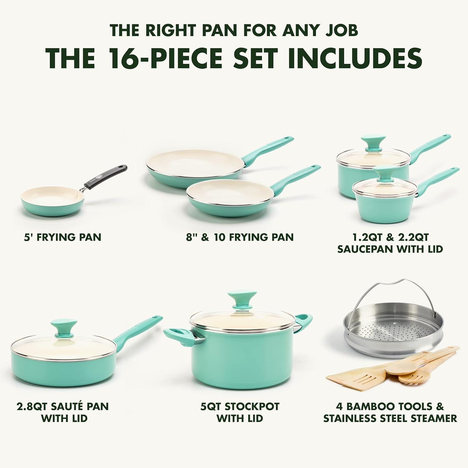 GreenPan GreenPan Rio Healthy Ceramic Nonstick 16 Piece Cookware Pots and Pans Set, PFAS-Free, Dishwasher Safe
