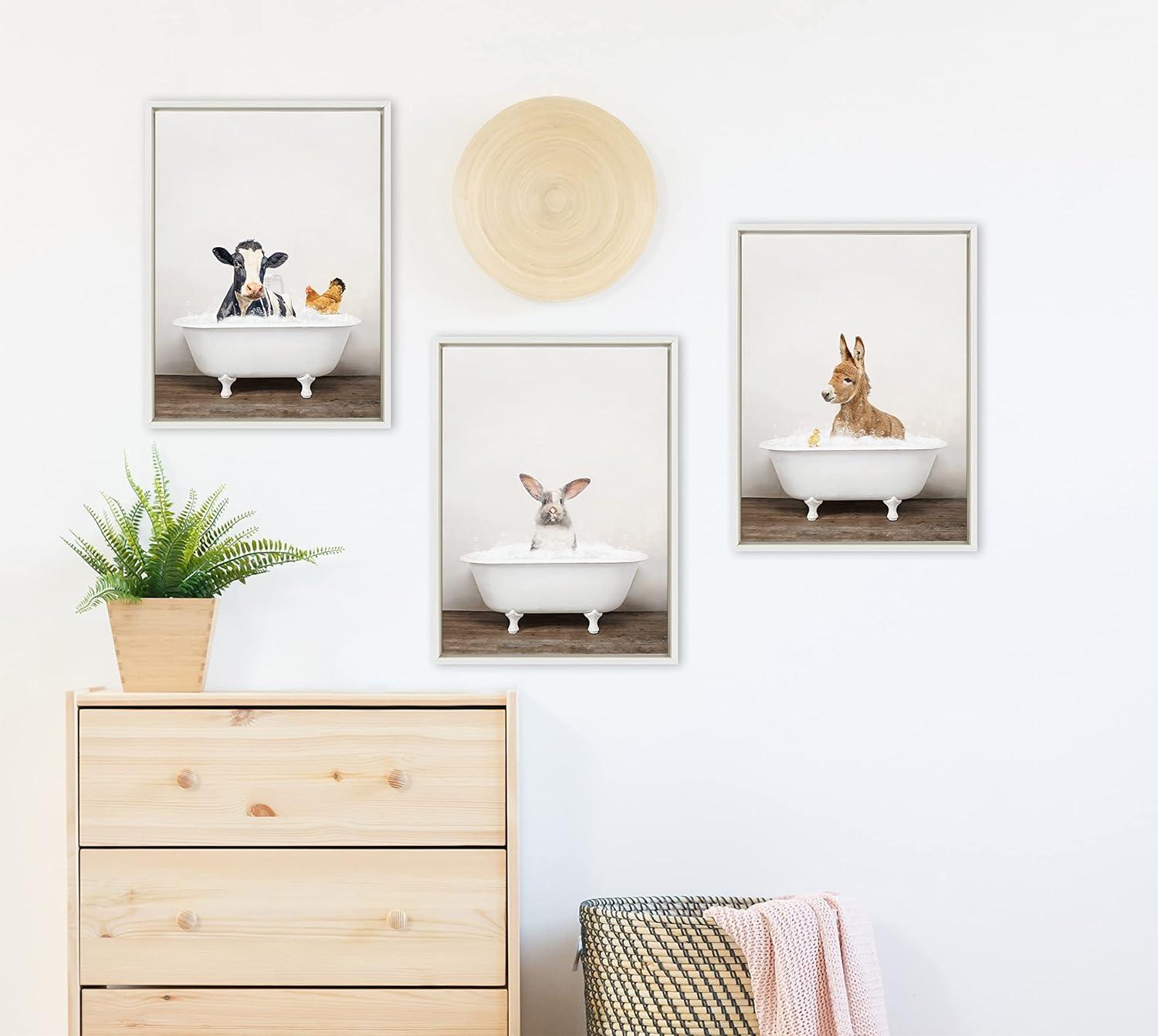 Kate and Laurel Sylvie Cow and Chicken in Rustic Bath Framed Canvas Wall Art by Amy Peterson Art Studio, 18x24 White, Modern Fun Decorative Bathtub Wall Art for Home Décor