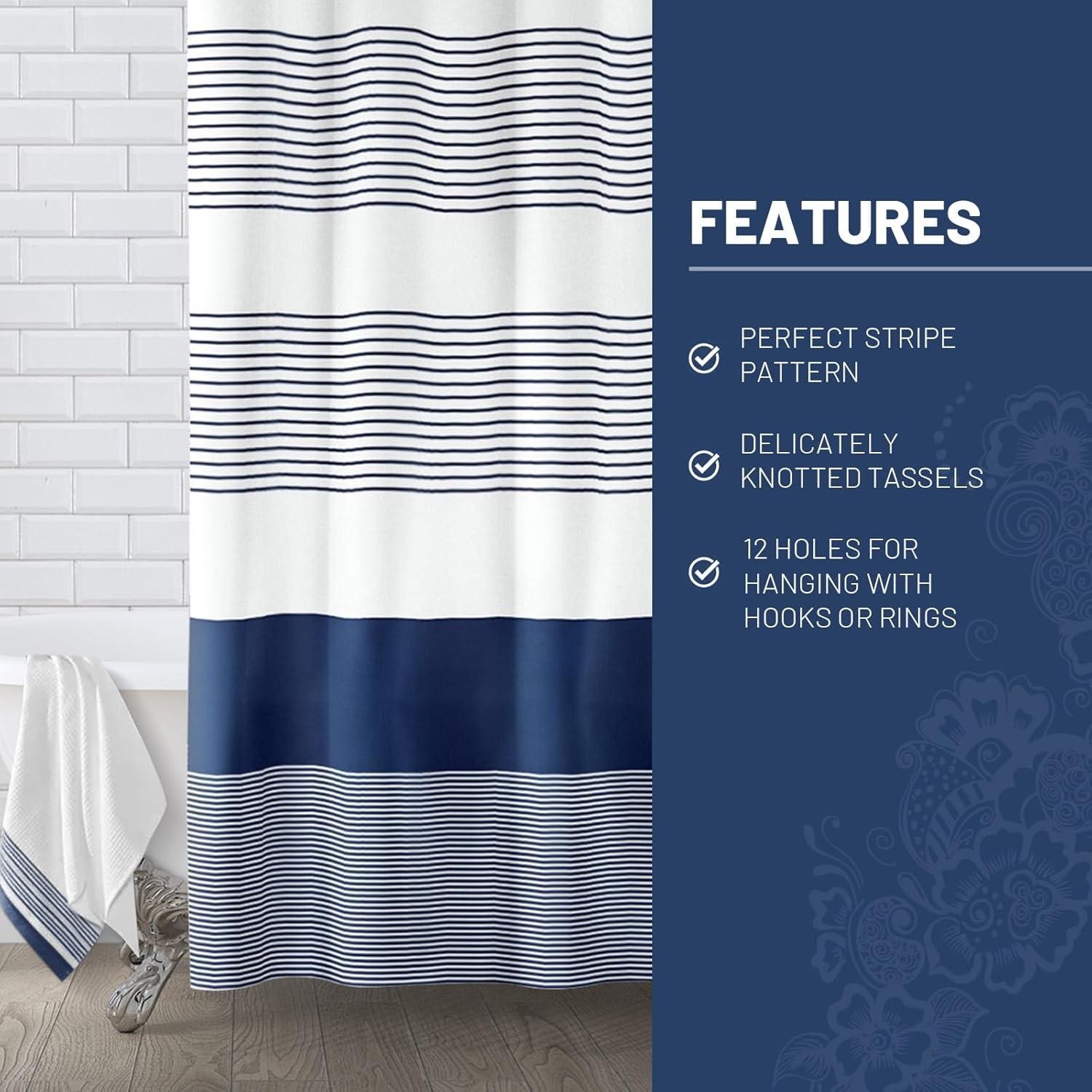 bufftieo Navy Blue and White Shower Curtain for Bathroom Boho Striped Fabric Modern Farmhouse Tassel Shower Curtain Sets - 72" x 72"