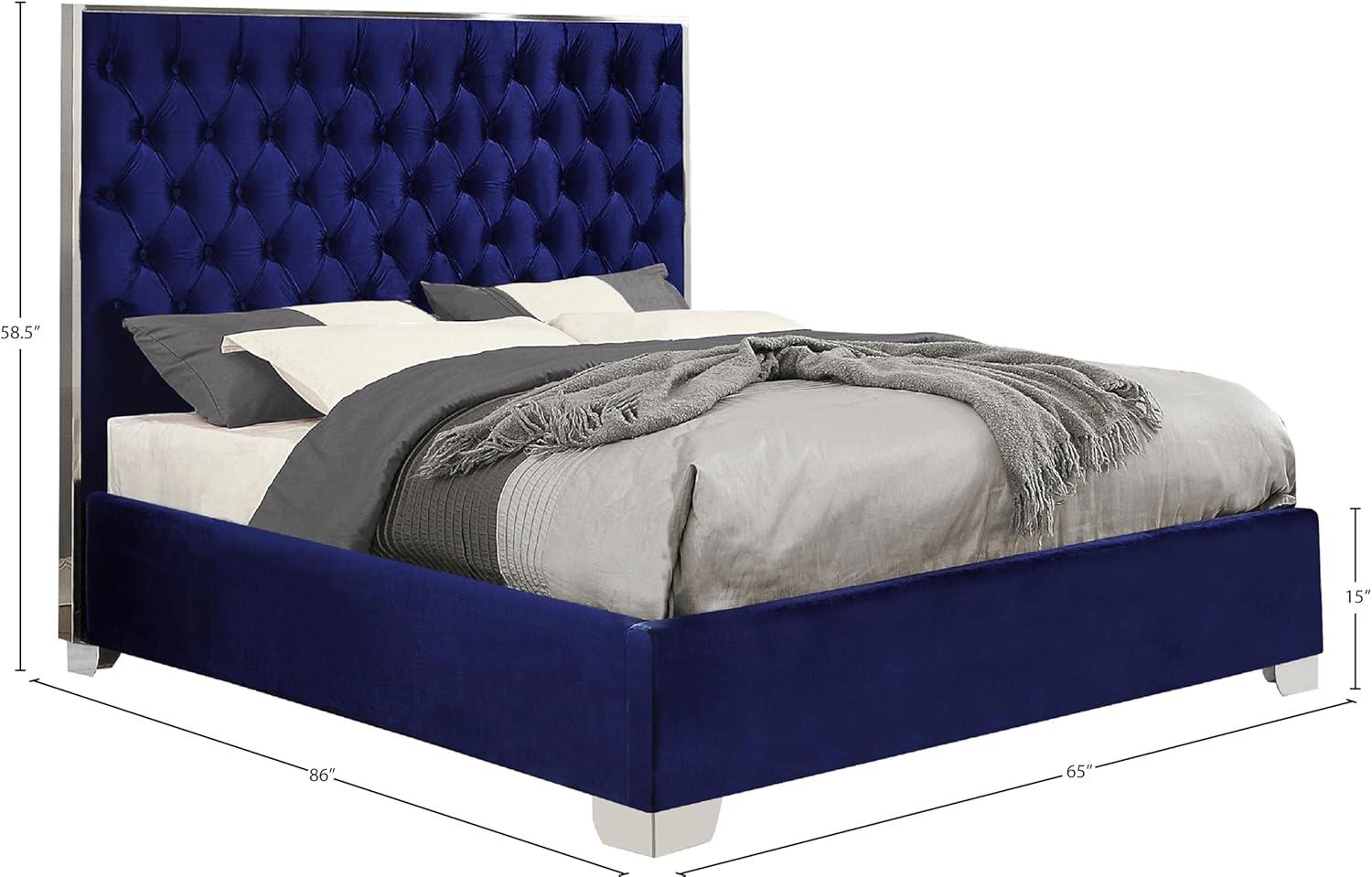 Meridian Furniture Lexi Collection Modern | Contemporary Velvet Upholstered Bed with Deep Tufting, Polished Chrome Stainless Steel Frame and Legs, Queen, Navy