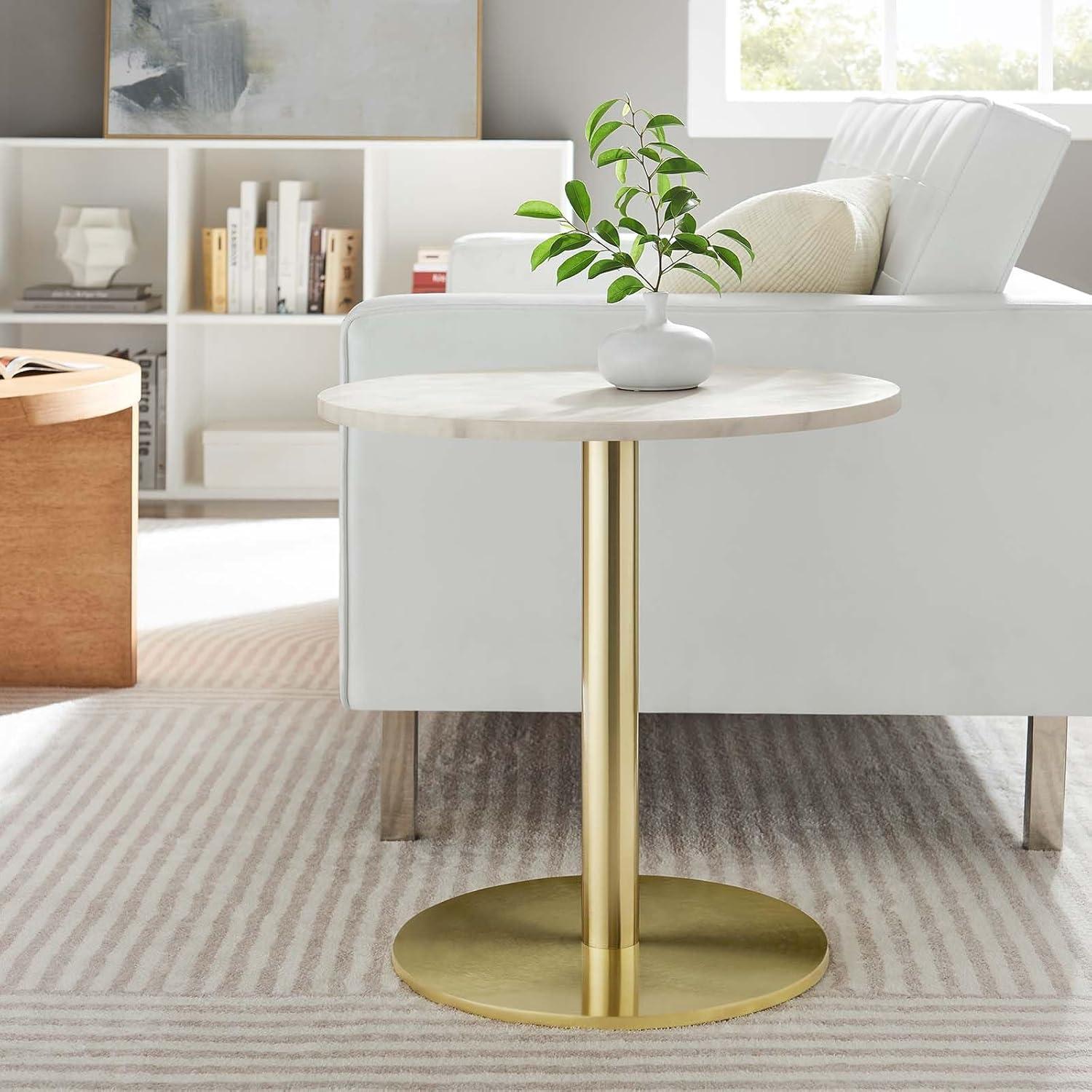 Viva Round White Marble and Brass Metal Side Table