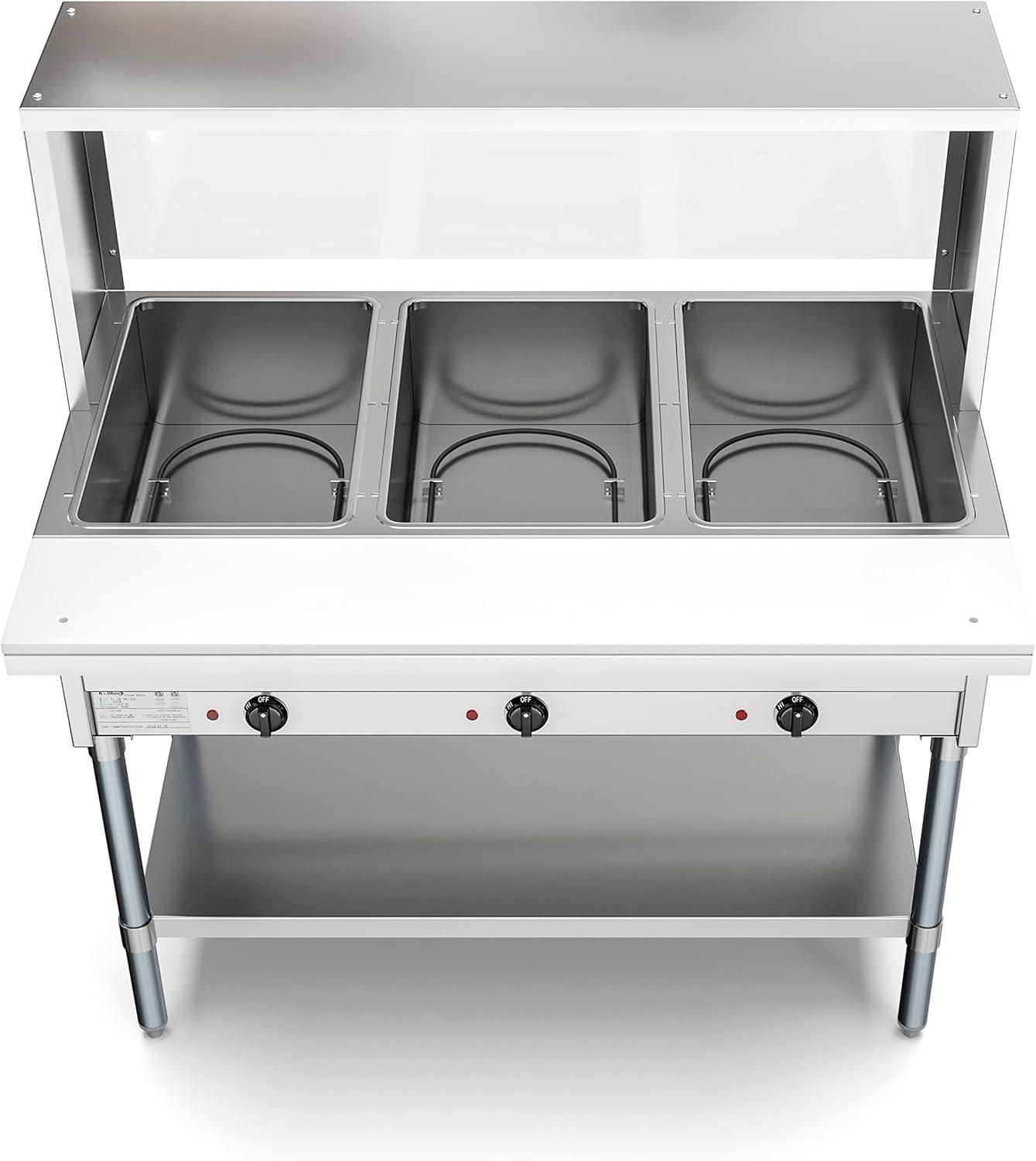 Five Pan Open Well Electric Steam Table with Undershelf and Sneeze-Guard, 240V, KM-OWS-5SG.