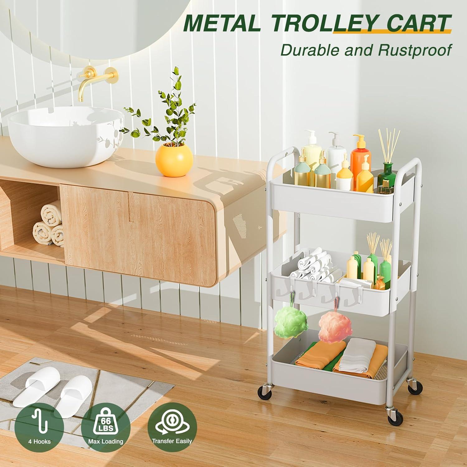 LEHOM 3 Tier Rolling Utility Cart, Metal Trolley Cart with Wheels, Hooks, Easy Assembly Organizer Storage Cart for Bathroom, Kitchen, Office, Bedroom(White)
