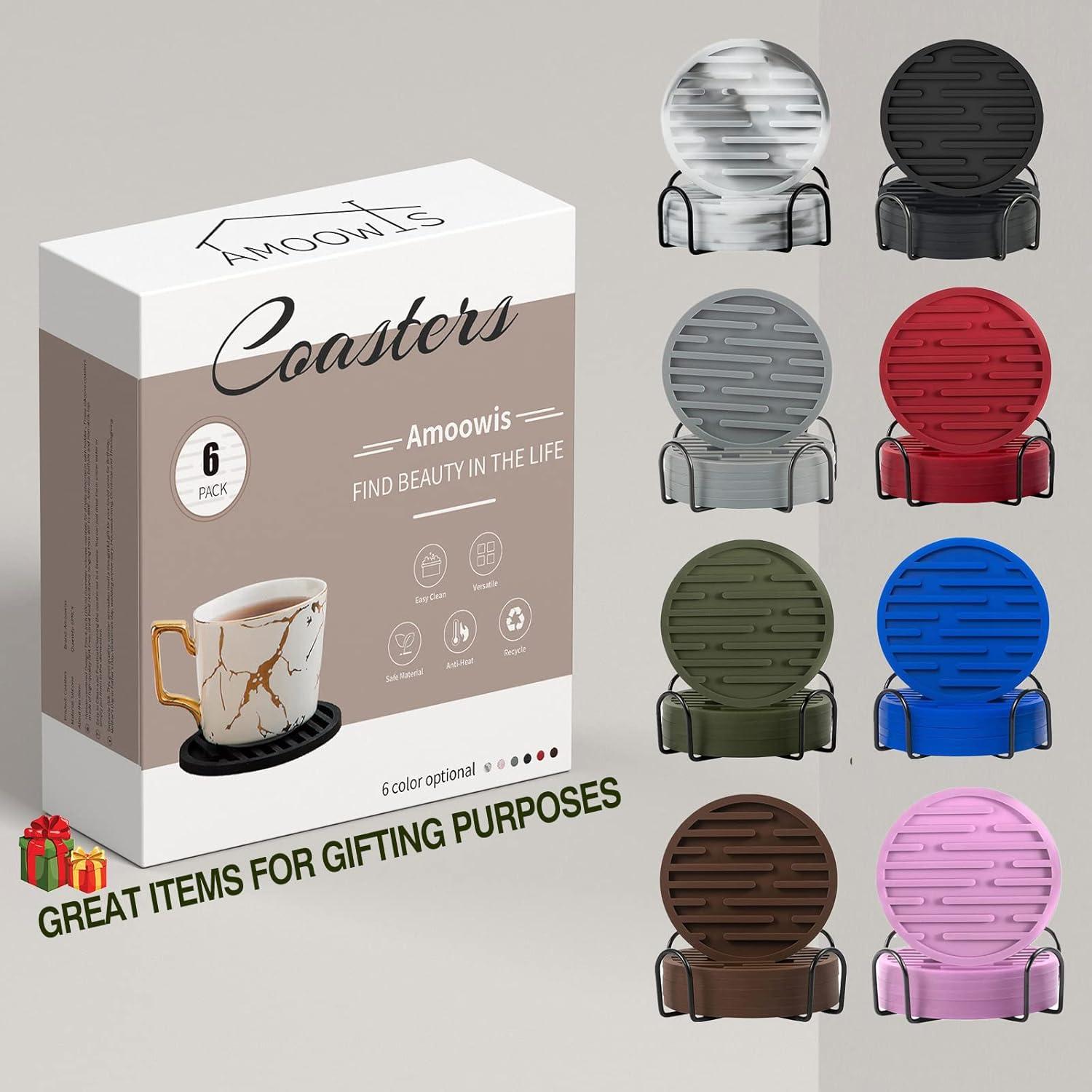 Silicone Coasters for Drinks Set of 6 with Holder - Waterproof Non-Slip Reusable Coaster Mats, Durable Cup Coasters for Table, Bar, Office, Kitchen (6-Pack), Christmas, Thanksgiving Gifts