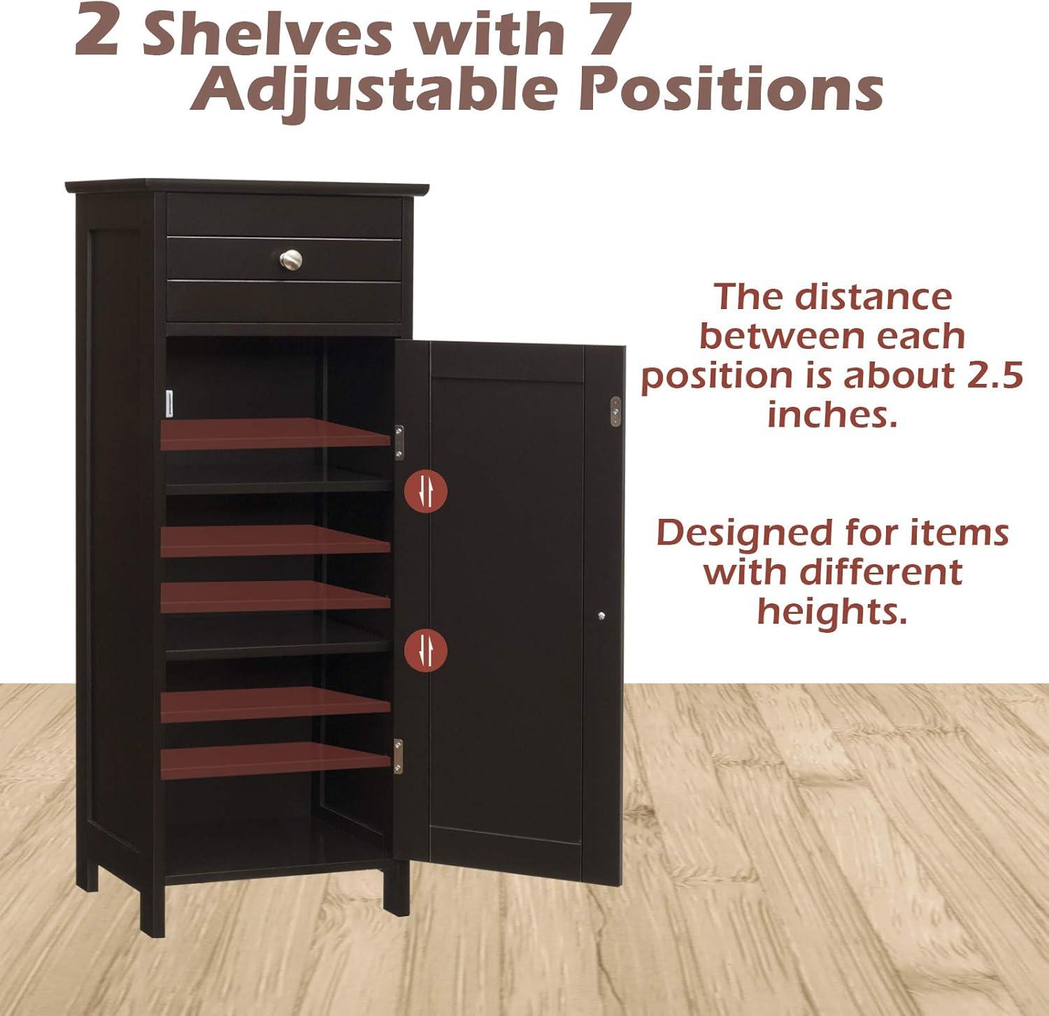 Bathroom Floor Cabinet, Standing Cabinet with Drawer and Doors, Storage Cabinet with 2 Adjustable Shelves, Brown