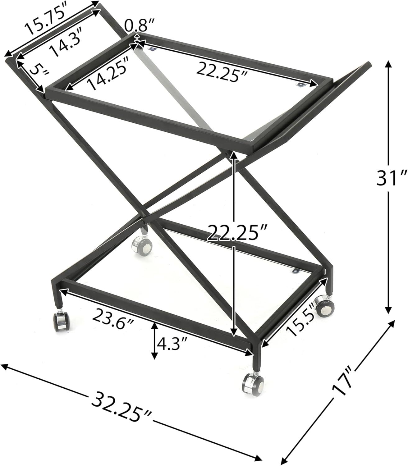 GDF Studio Sheri Indoor/Outdoor Industrial Iron Bar Cart with Tempered Glass Shelves, Black