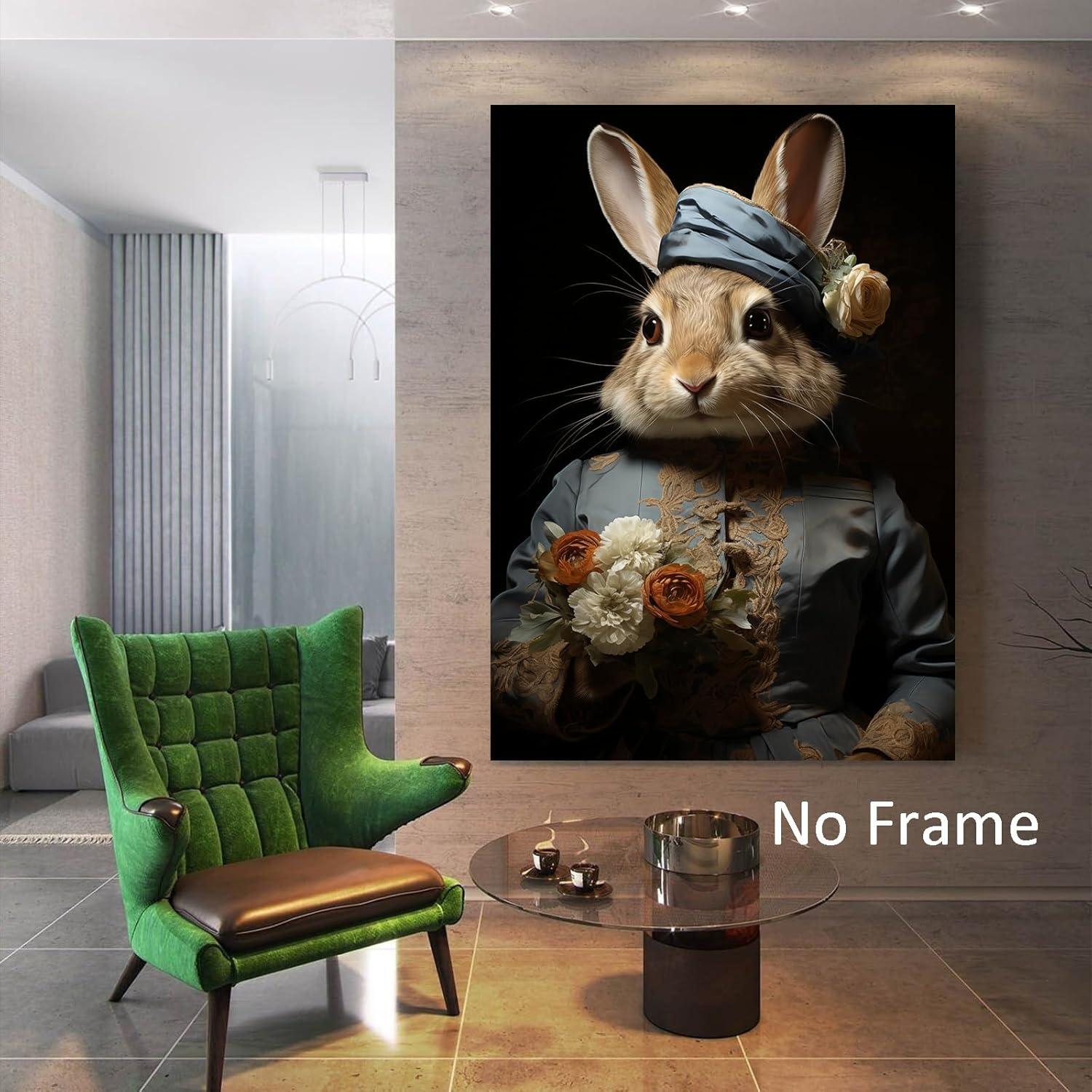 Asdg12s-Vintage Bunny Picture Cute Animal Paintings Modern Animal Wall Art Forest Animal Posters Dark Forest Bunny Art Rustic Animal Pictures Rabbit Floral Painting Gothic Animal Wall Art