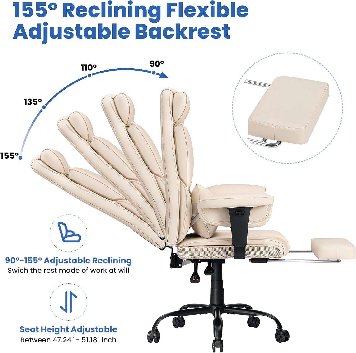 Hoffree Big and Tall Office Chair 450lbs, Executive Computer Desk Chair with Massage Ergonomic  Leather Chair with Footrest Reclining Desk Office Chair with Lumbar Support for Home Office