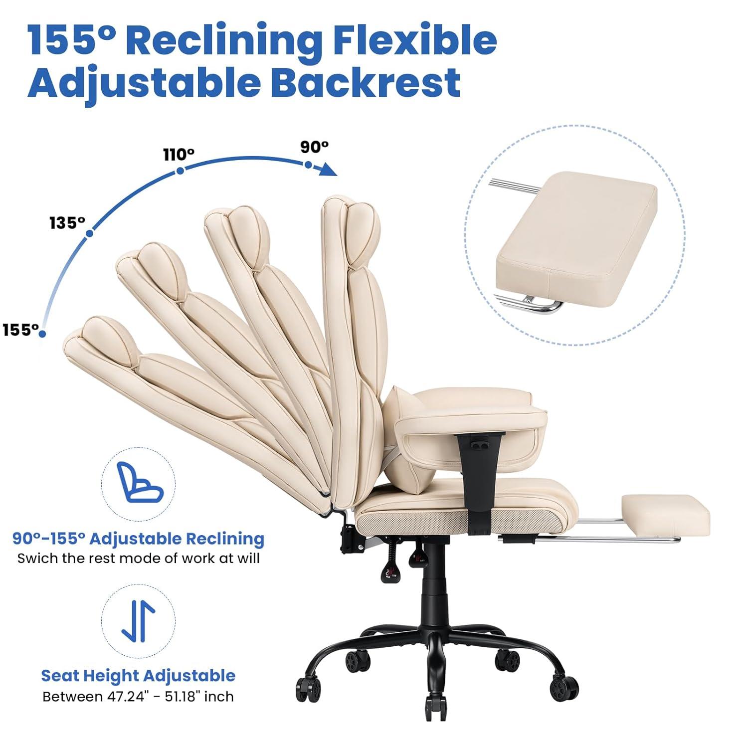 Hoffree Big and Tall Office Chair 450lbs, Executive Computer Desk Chair with Massage Ergonomic  Leather Chair with Footrest Reclining Desk Office Chair with Lumbar Support for Home Office