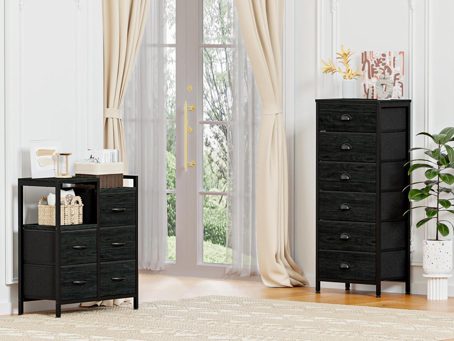 Black Oak Tall Dresser with 6 Drawers and Metal Frame