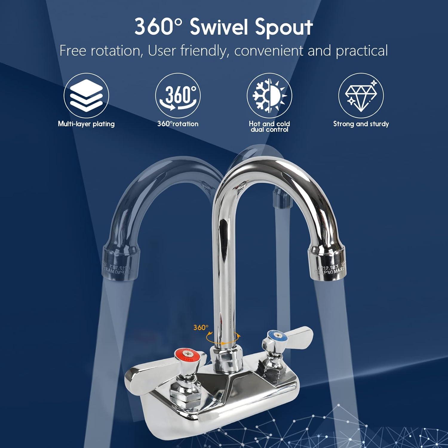 KWODE 4 Inch Center Commercial Hand Sink Faucet with 3-1/2”Gooseneck Spout, Dual Lever Handle Wall Mount Kitchen Sink Faucet, Brass Constructed, Chrome