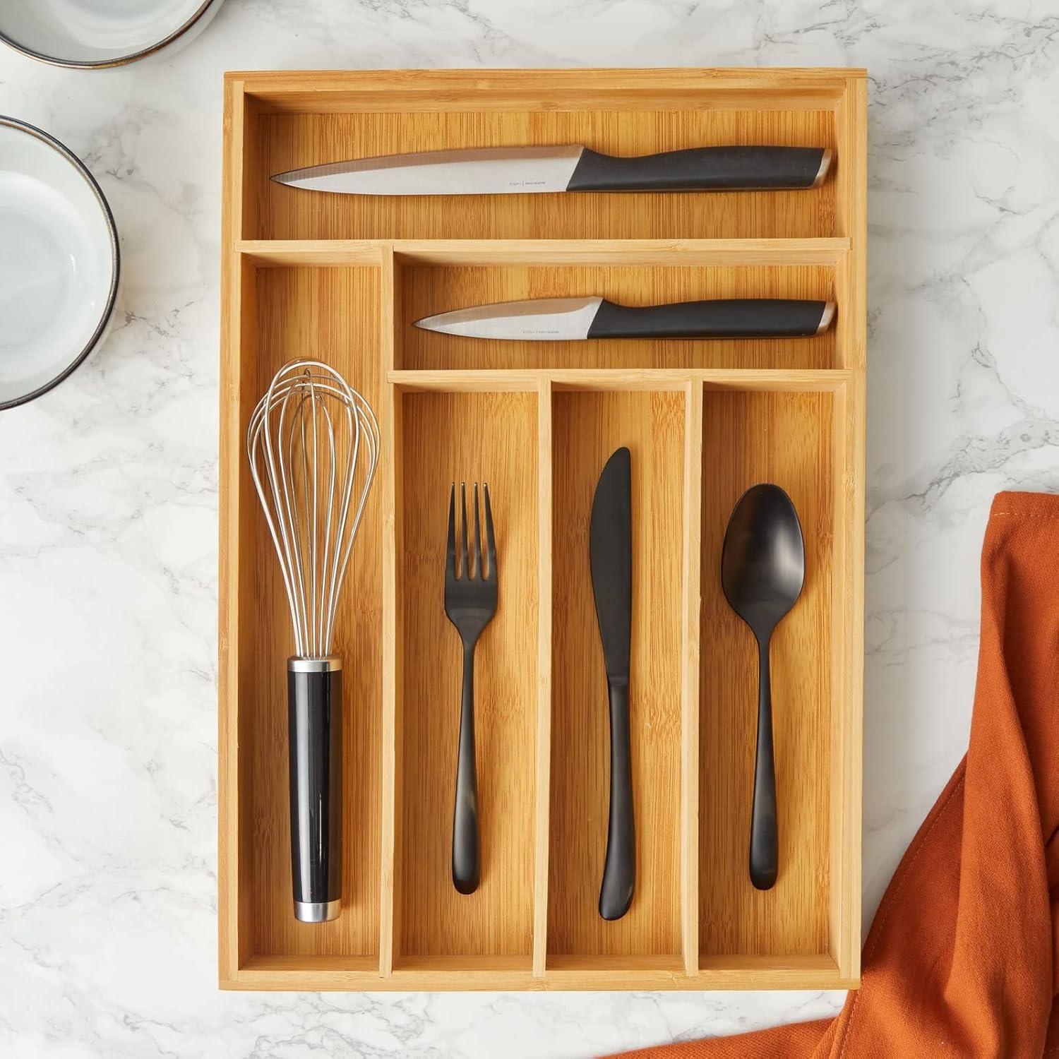 Bamboo Silverware Organizer for Drawer, Kitchen, 6 Slot Utensil Tray (17 x 11.75 x 1.75 In)