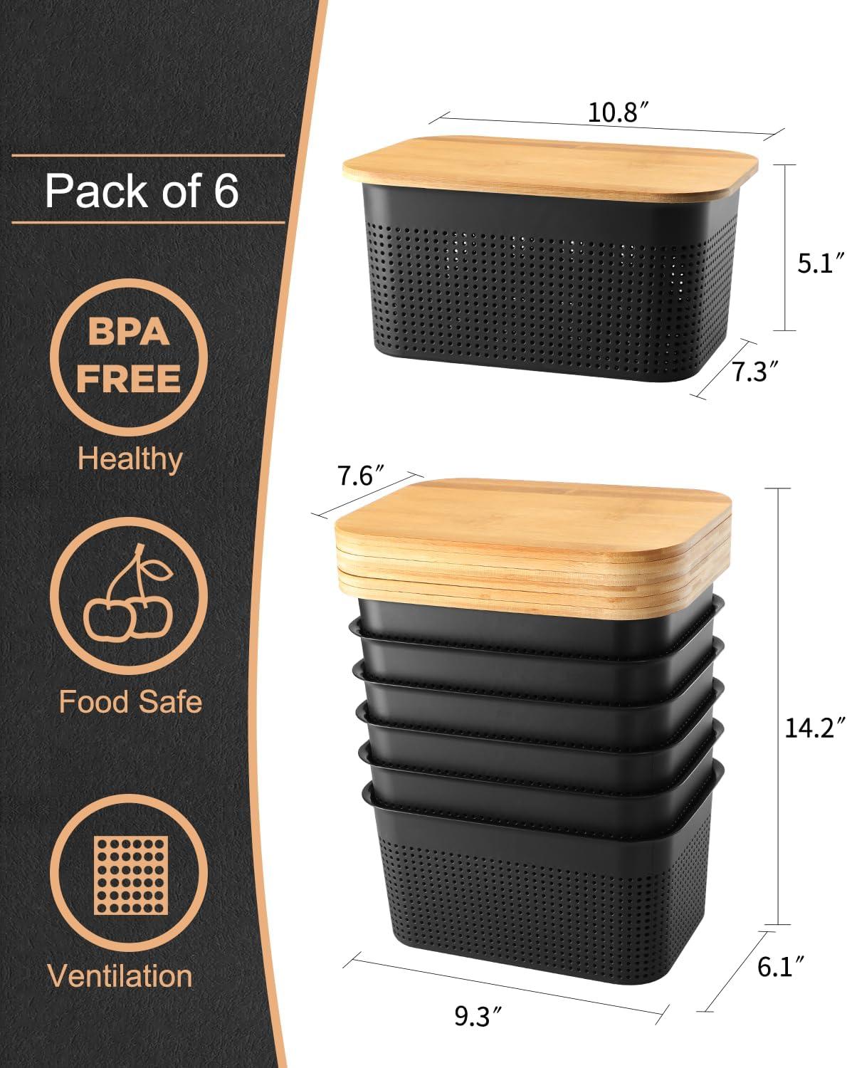 Black Plastic Storage Bins with Bamboo Lids