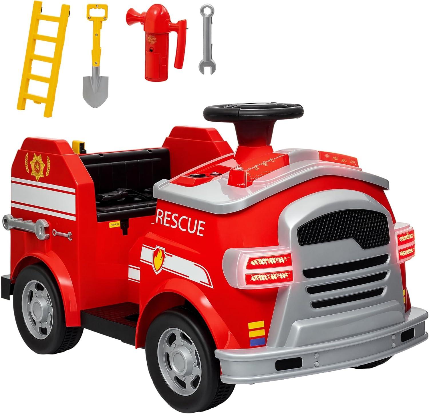 Qaba Qaba 12V Ride on Fire Truck with Siren, Lights, Soft Start, Horn Music, Red