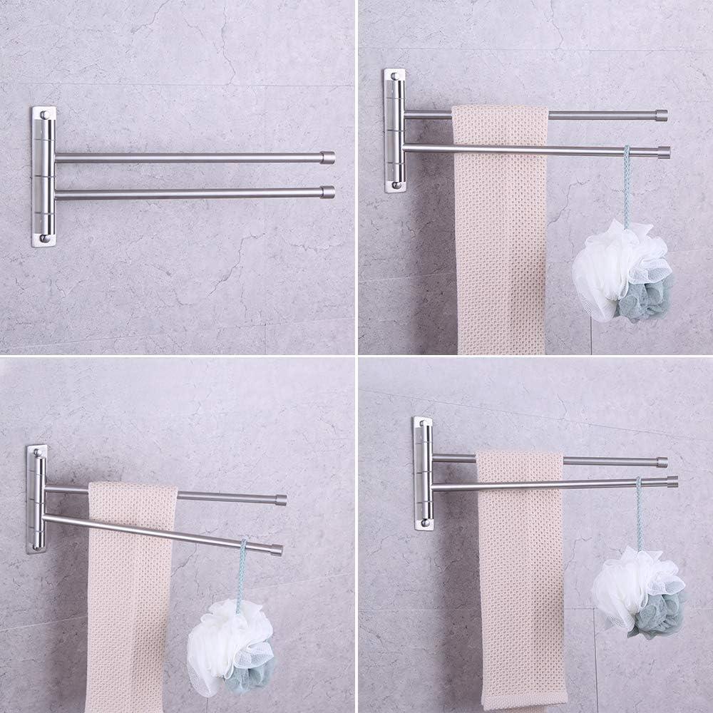 Stainless Steel Swing Out Towel Bar 2-Bar Folding Arm Swivel Hanger Bathroom Storage Organizer Rustproof Wall Mount Brushed Finish