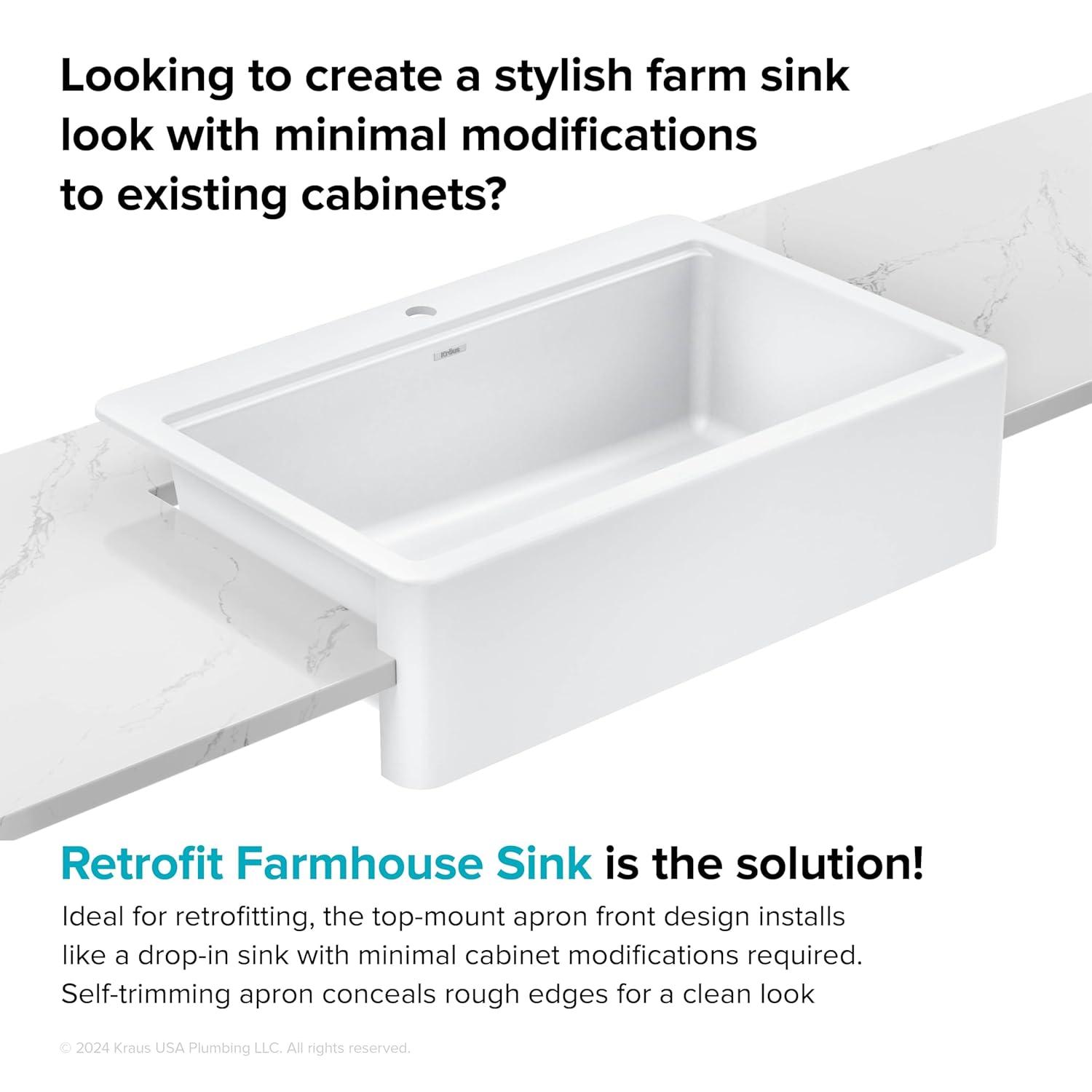 KRAUS Bellucci 33” Workstation Drop In Retrofit Farmhouse Single Bowl Granite Kitchen Sink With Accessories