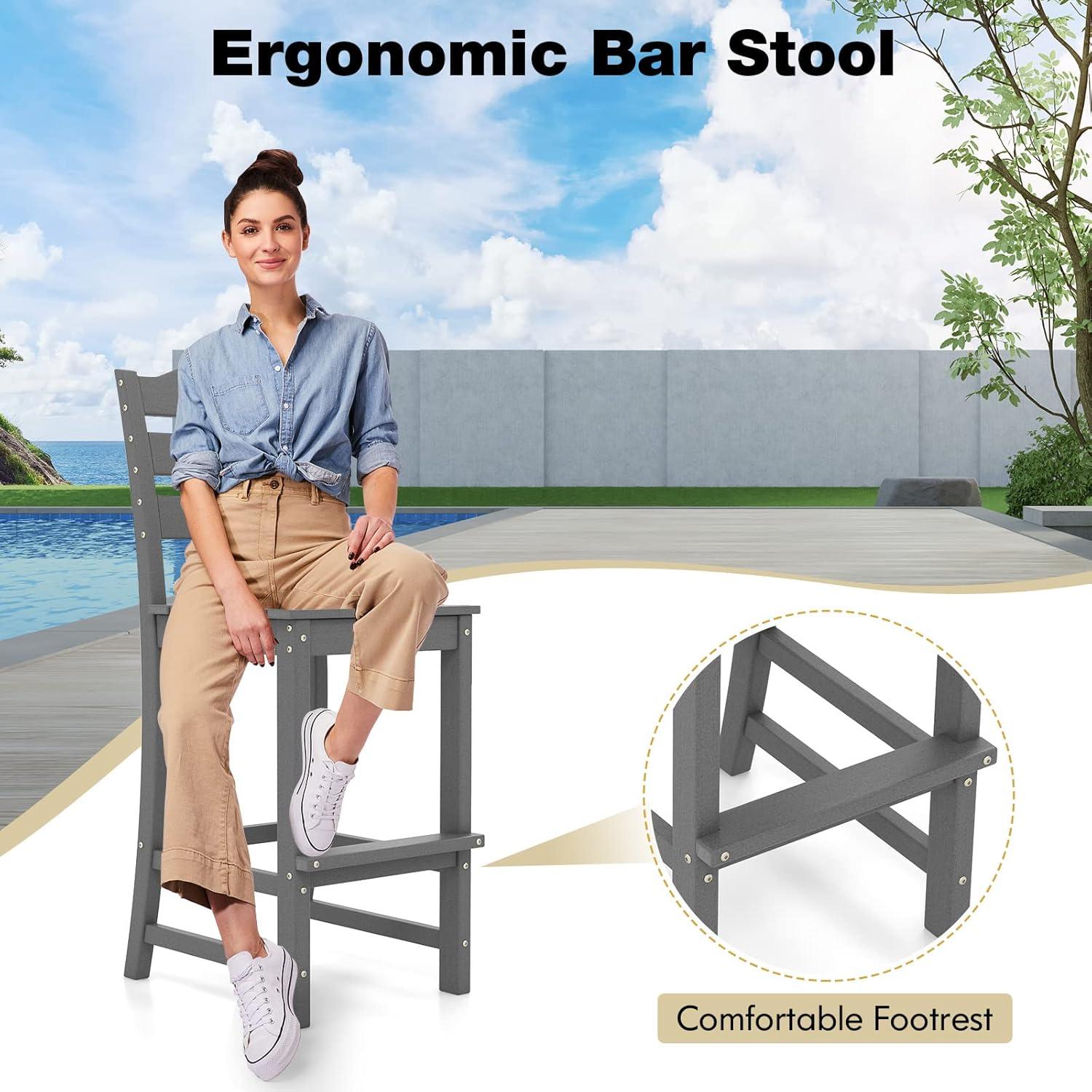 Resenkos Comfortable & Stylish Contemporary Barstool, 30 Inches Counter Height HDPE Bar Stool with Backrest and Footrest-Gray