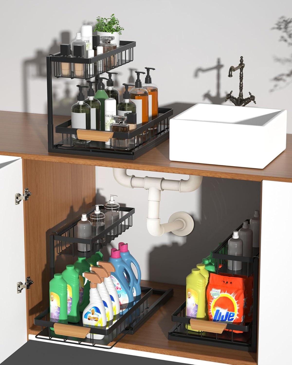 Black Metal 2-Tier Under Sink Organizer with Sliding Drawer, 2 Pack