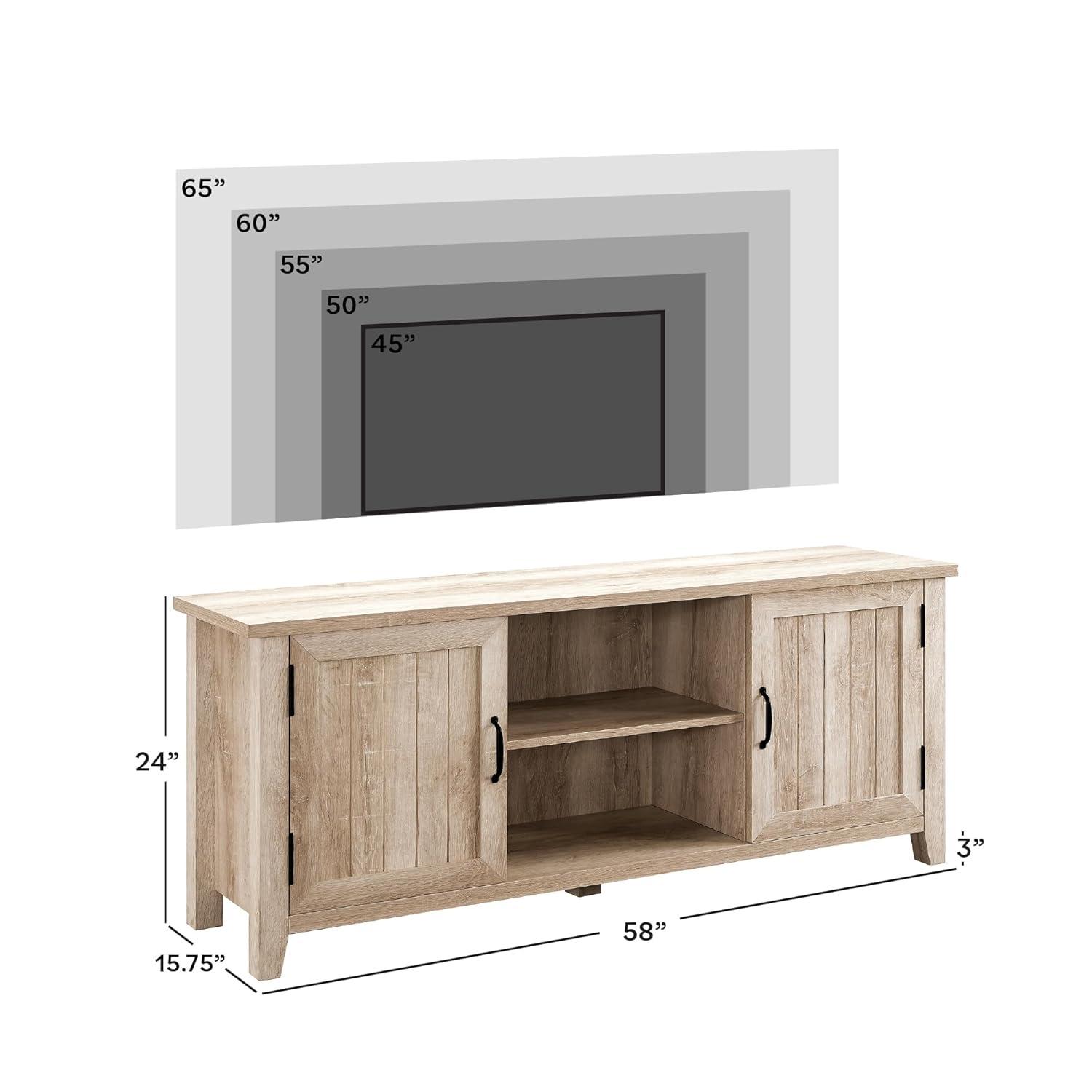 Transitional Grooved-Door 58" White Oak TV Stand with Cabinet